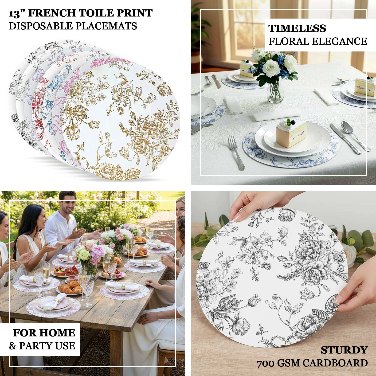 10-Pack Disposable Table Placemats in French Toile Print 13" in  Matte White/Sage Green - Classy Cardboard Placemats for Dinner Parties & Banquets - Image 4