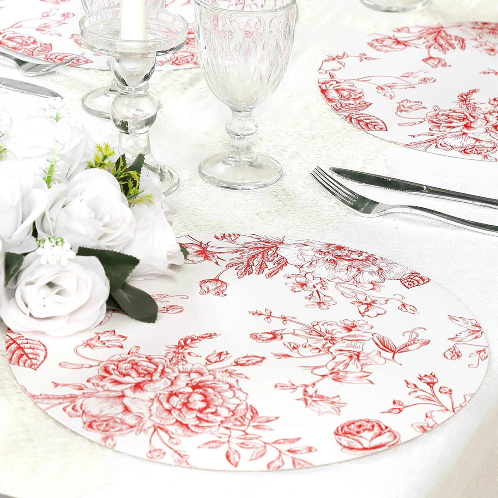 10-Pack Disposable Table Placemats in French Toile Print 13" in Matte White/Red - Classy Cardboard Placemats for Dinner Parties & Banquets - Image 10