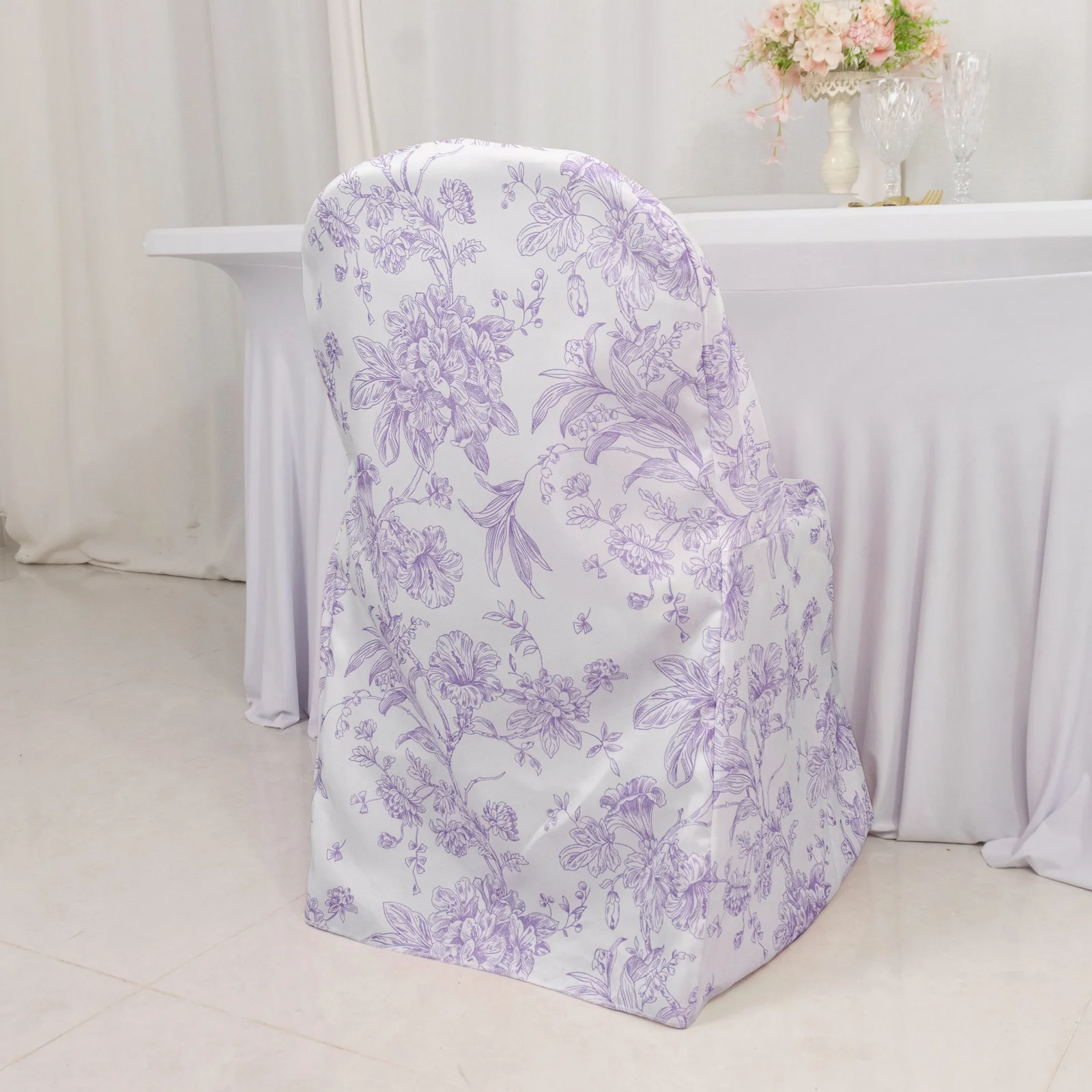 10 Pack Polyester Folding Chair Covers – White Lavender Lilac French Toile Pattern, Reusable Stain-Resistant Slip-On Slipcovers - Image 4