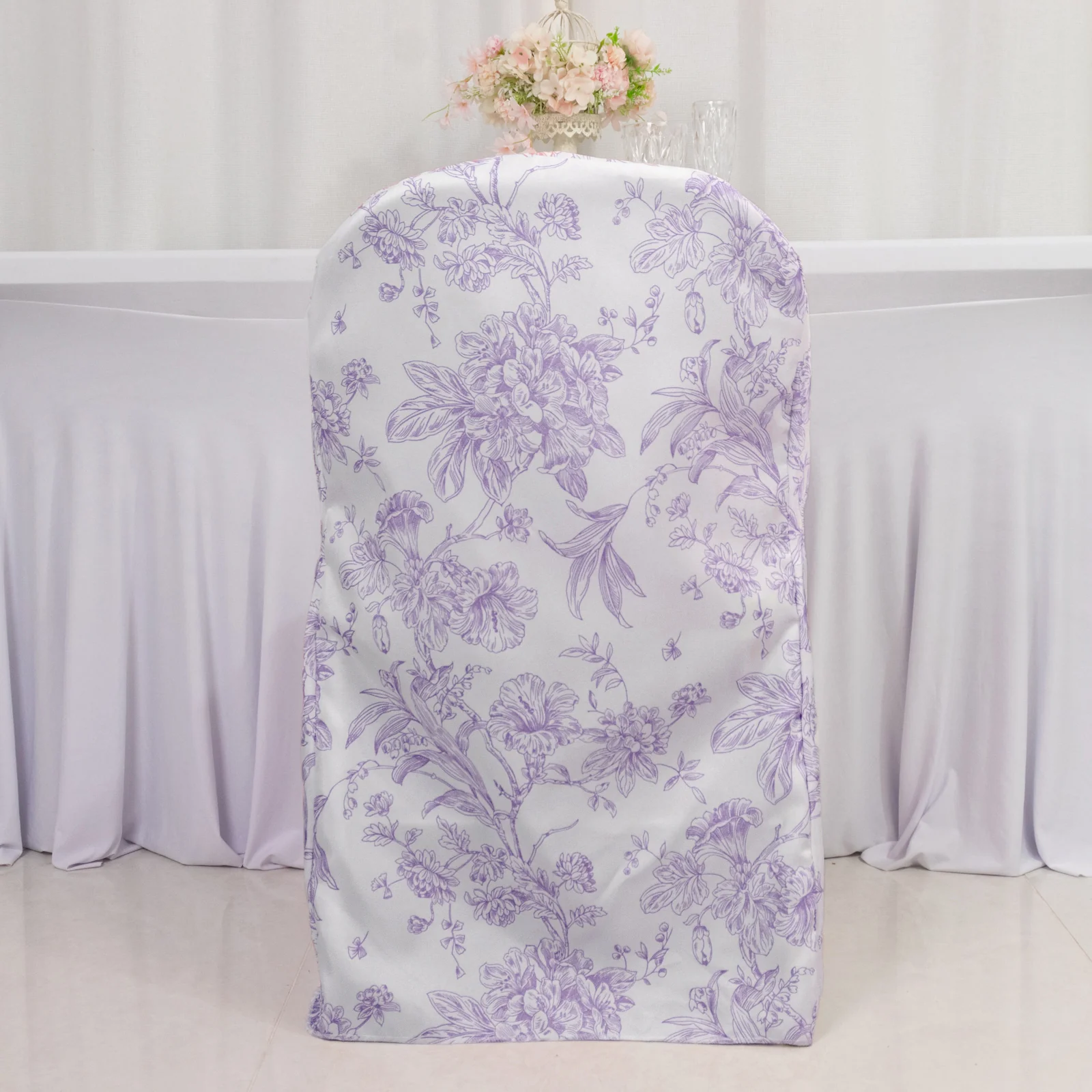 10 Pack Polyester Folding Chair Covers – White Lavender Lilac French Toile Pattern, Reusable Stain-Resistant Slip-On Slipcovers - Image 5