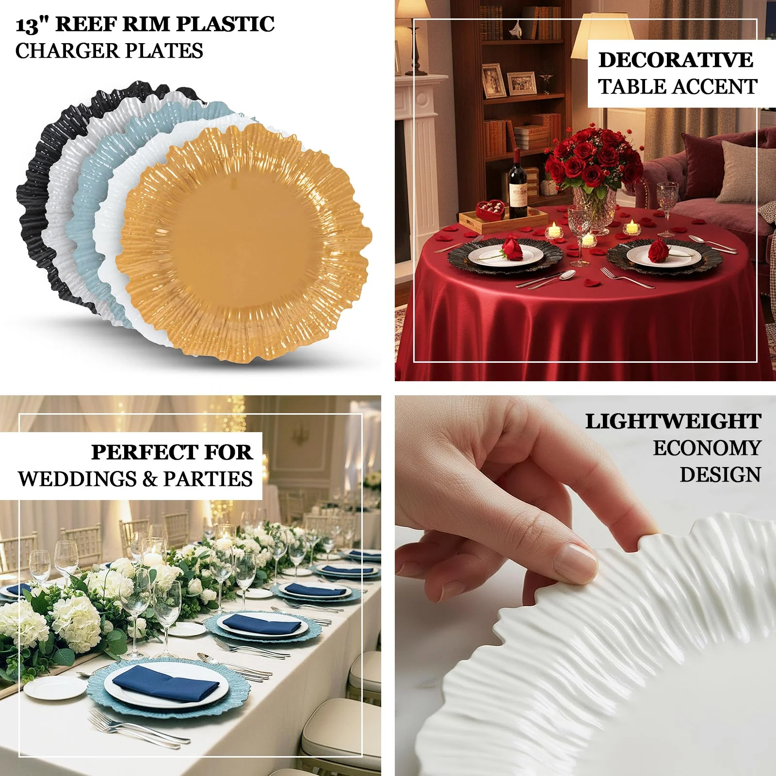 10 Pack Economy Plastic Charger Plates – 13" Clear Reef Rim Design Chargers for Weddings & Parties - Image 4