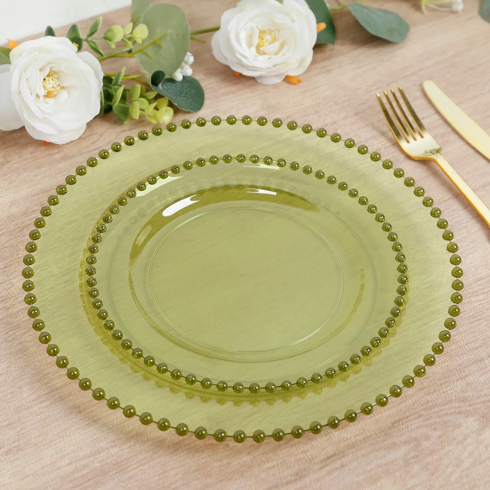 10-Pack Plastic Dessert Appetizer Plates in Transparent Dusty Sage Green with Beaded Rim, Disposable Round Salad Party Plates 8" - Image 8