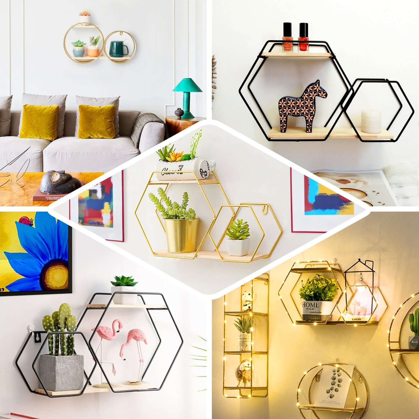2-Tier Hexagon Floating Shelf, Dessert Display Stand With Black Double Geometric Design 10"x17" - Image 5