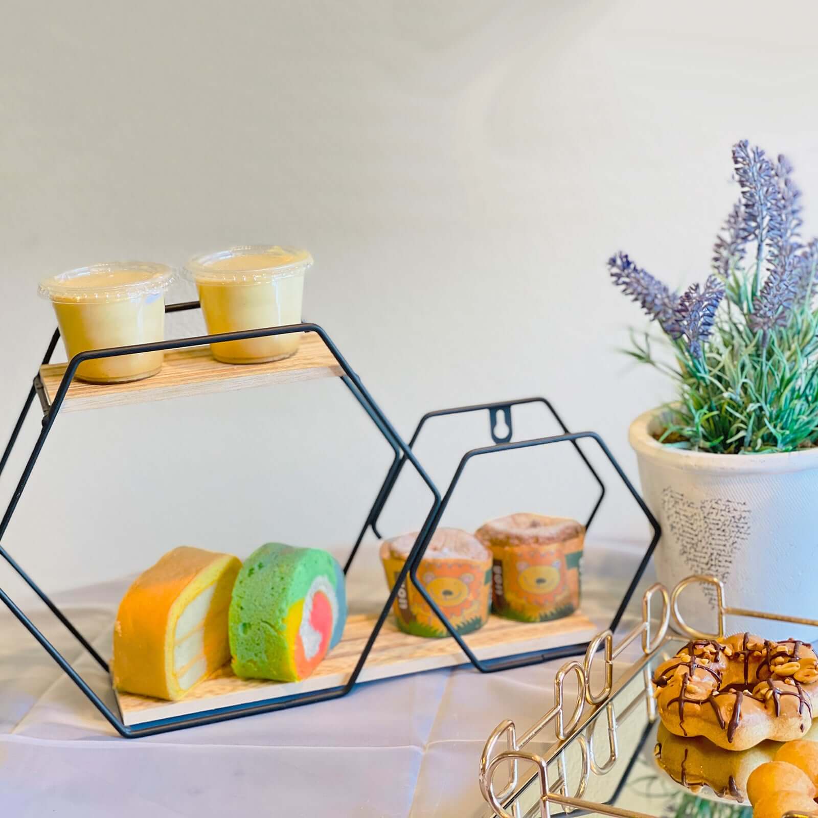 2-Tier Hexagon Floating Shelf, Dessert Display Stand With Black Double Geometric Design 10"x17" - Image 6