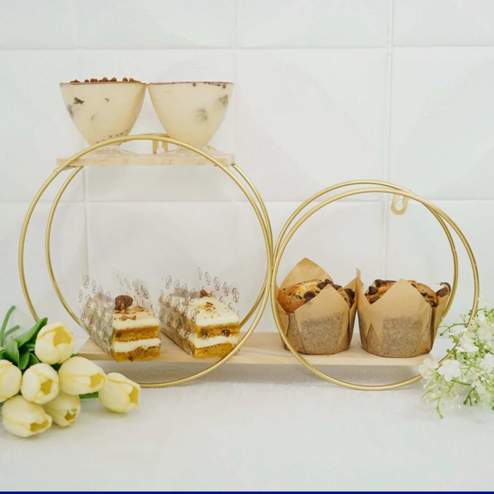 2-Tier Round Floating Shelf, Dessert Display Stand, Hanging Wall Shelf Gold With Double Hoop Design 10"x18" - Image 15