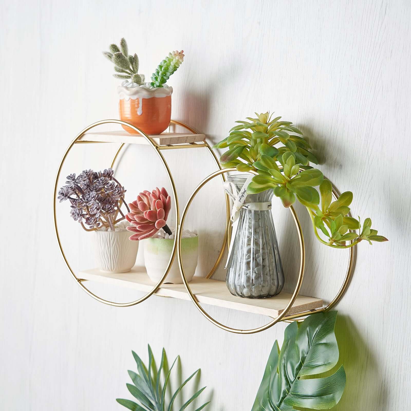 2-Tier Round Floating Shelf, Dessert Display Stand, Hanging Wall Shelf Gold With Double Hoop Design 10"x18" - Image 8