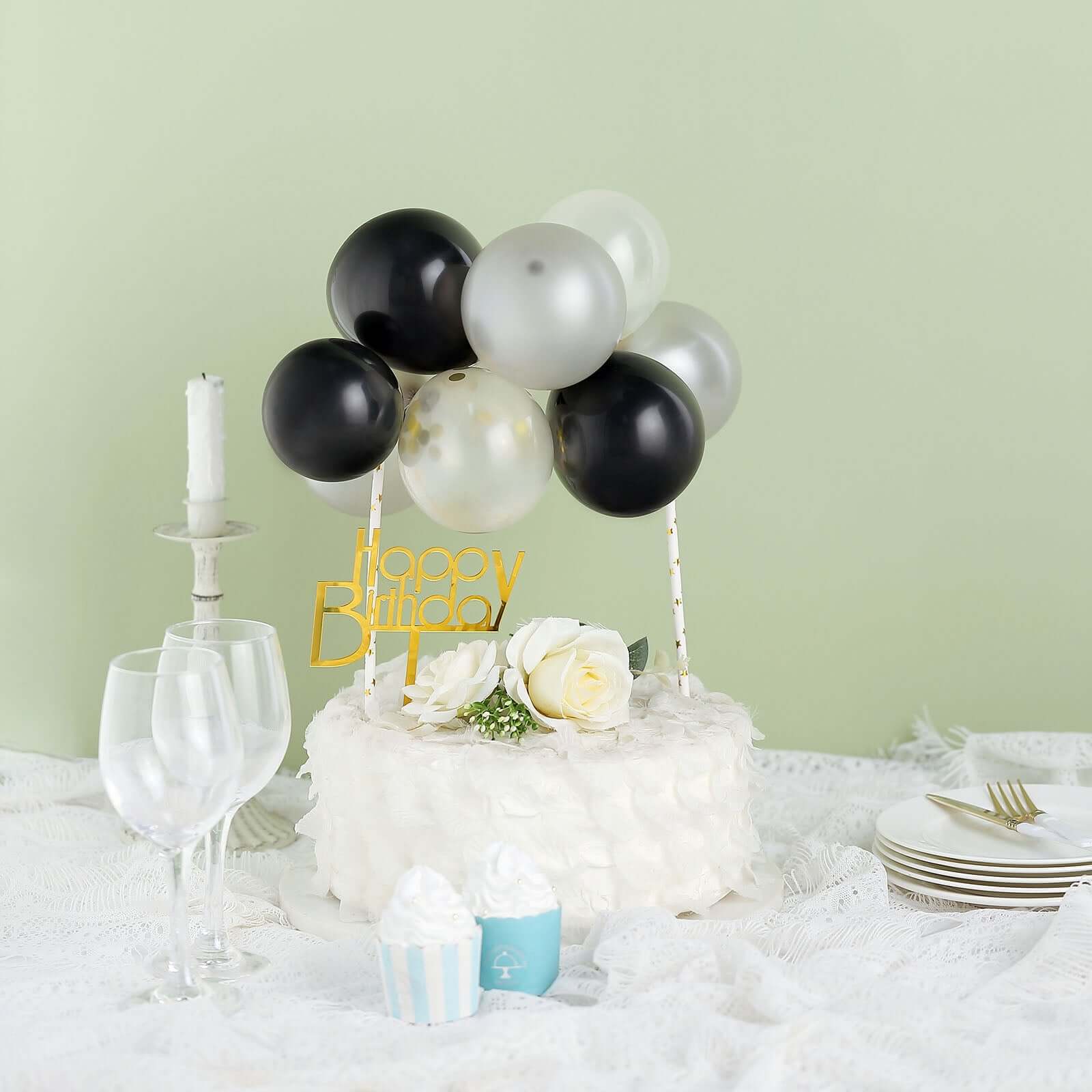 11 Pcs Confetti Balloon Cake Topper Kit Black, Silver and Clear - Vibrant Clustered Mini Garland Cake Inserts for DIY Party Decorations - Image 5