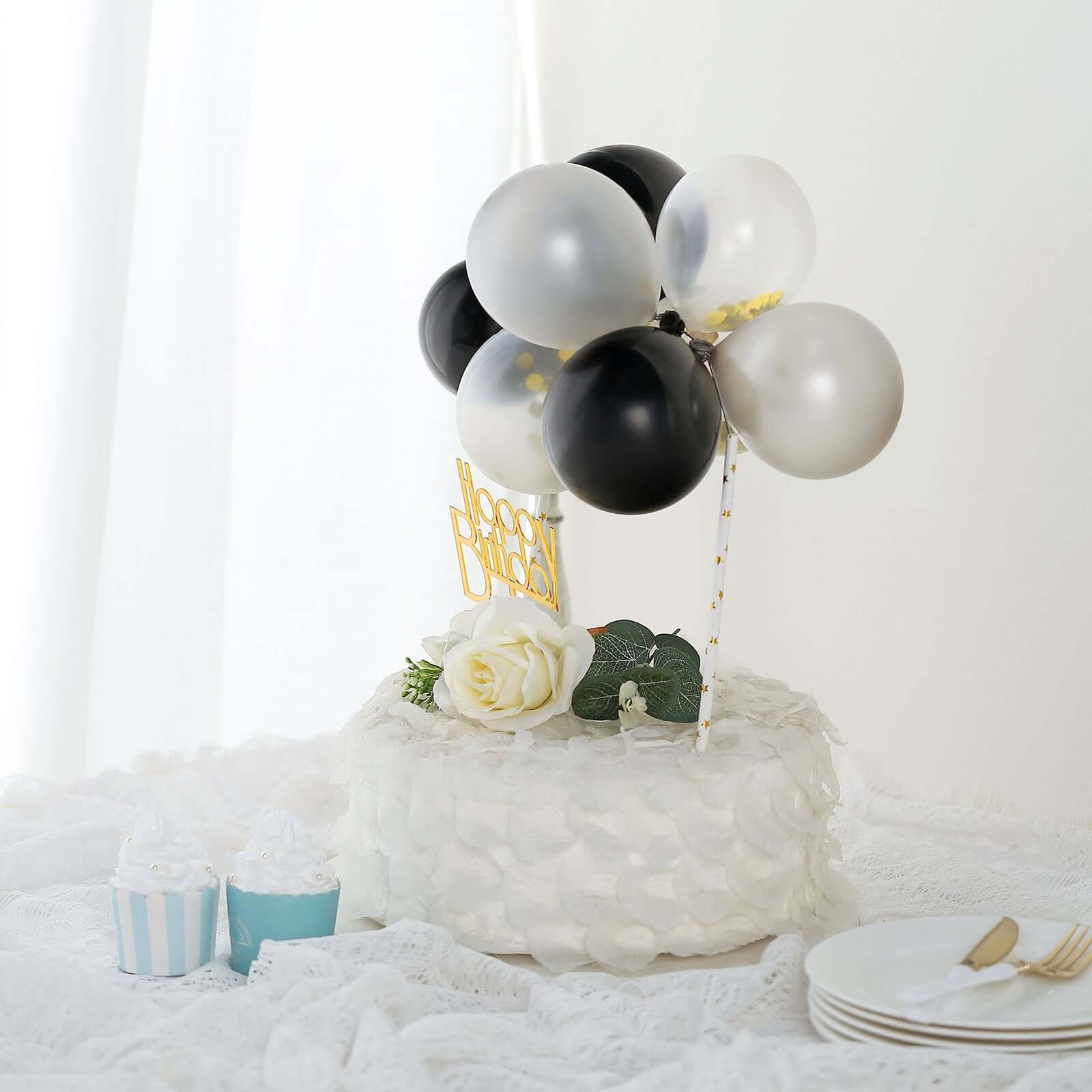 11 Pcs Confetti Balloon Cake Topper Kit Black, Silver and Clear - Vibrant Clustered Mini Garland Cake Inserts for DIY Party Decorations - Image 9