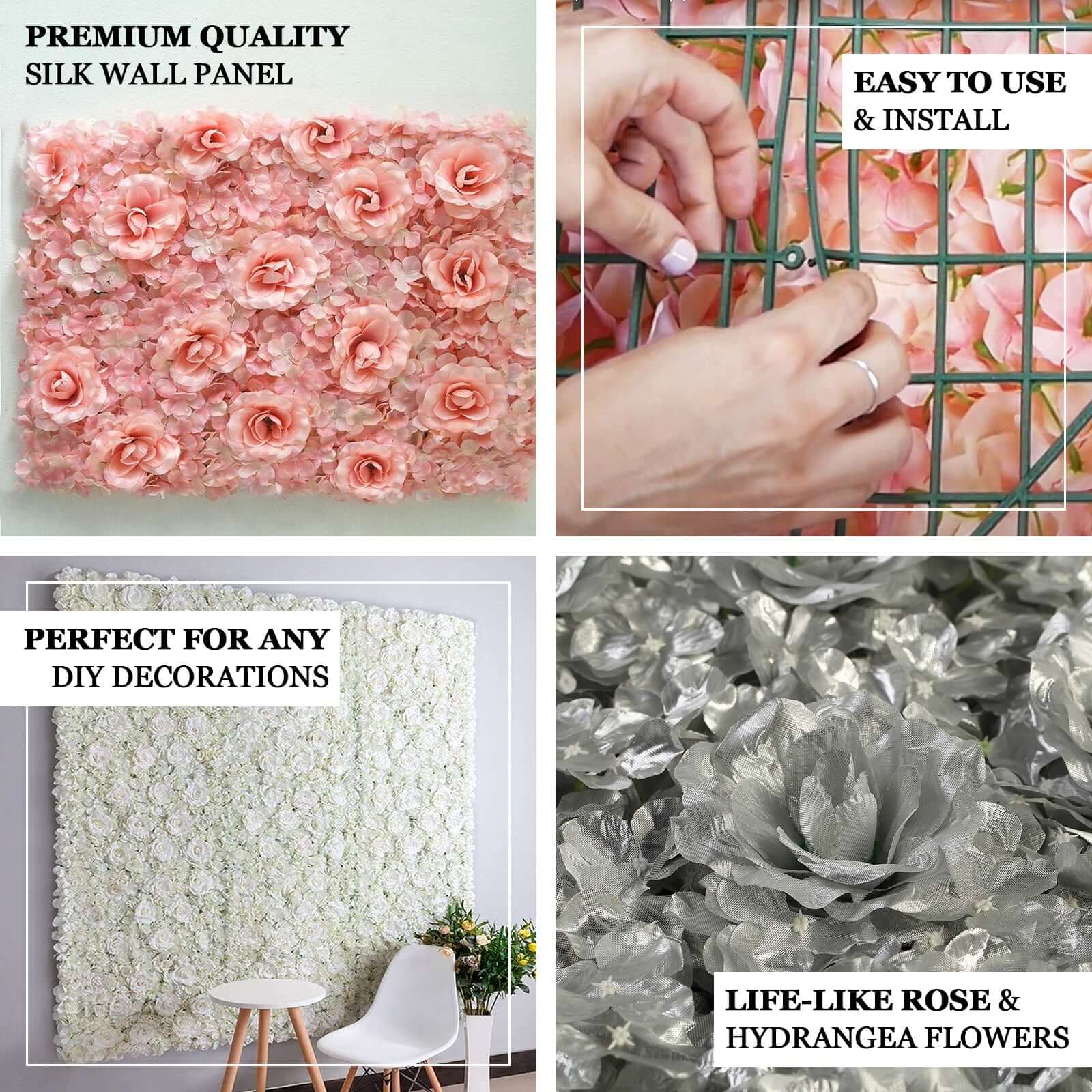 Cream 3D Silk Rose and Hydrangea Flower Wall Mat Backdrop - 4 Artificial Panels 11 Sq ft. - Image 4