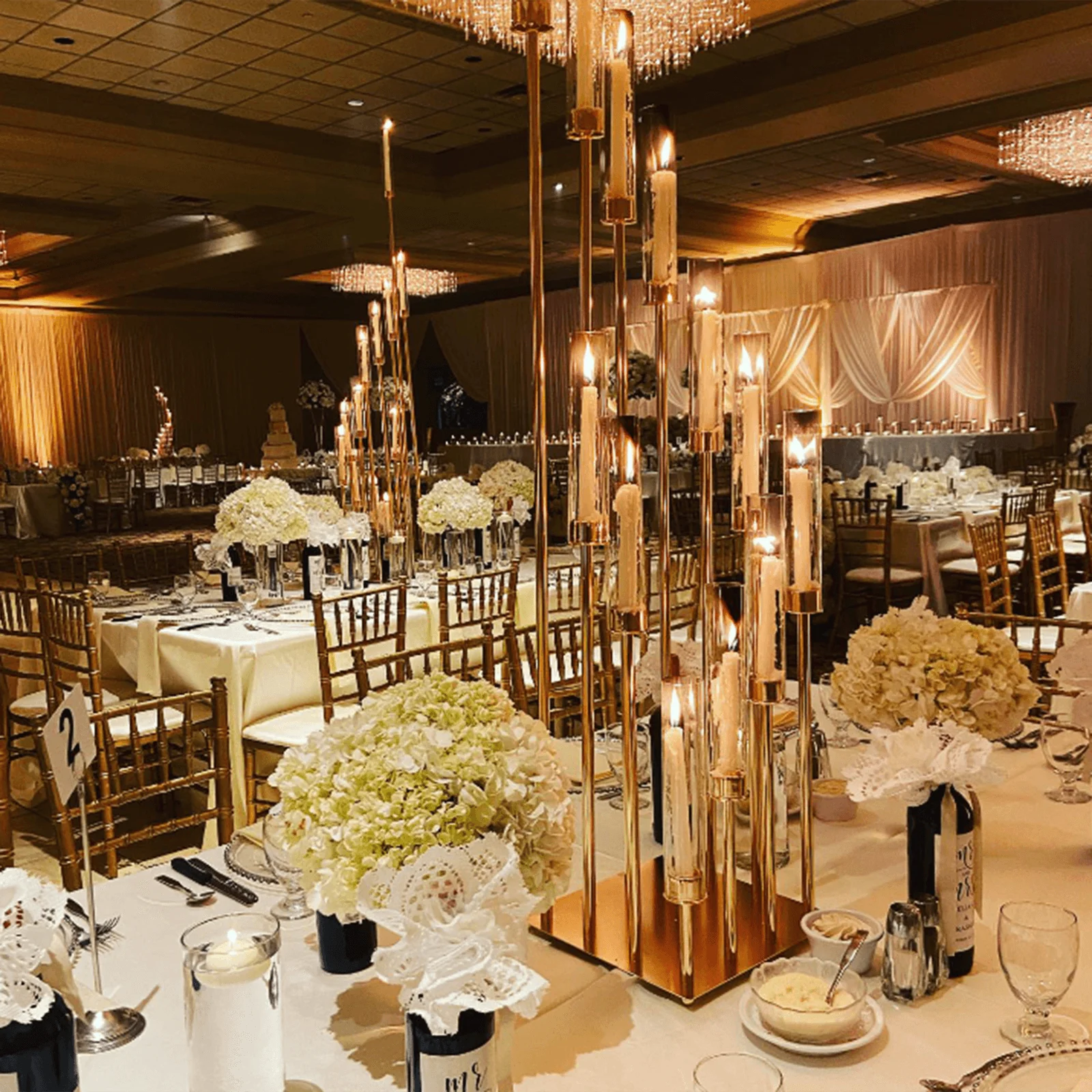 12-Arm Gold Cluster Taper Candle Holder with Clear Glass Shades 57" - Luxurious Large Candle Arrangement for Weddings - Image 2