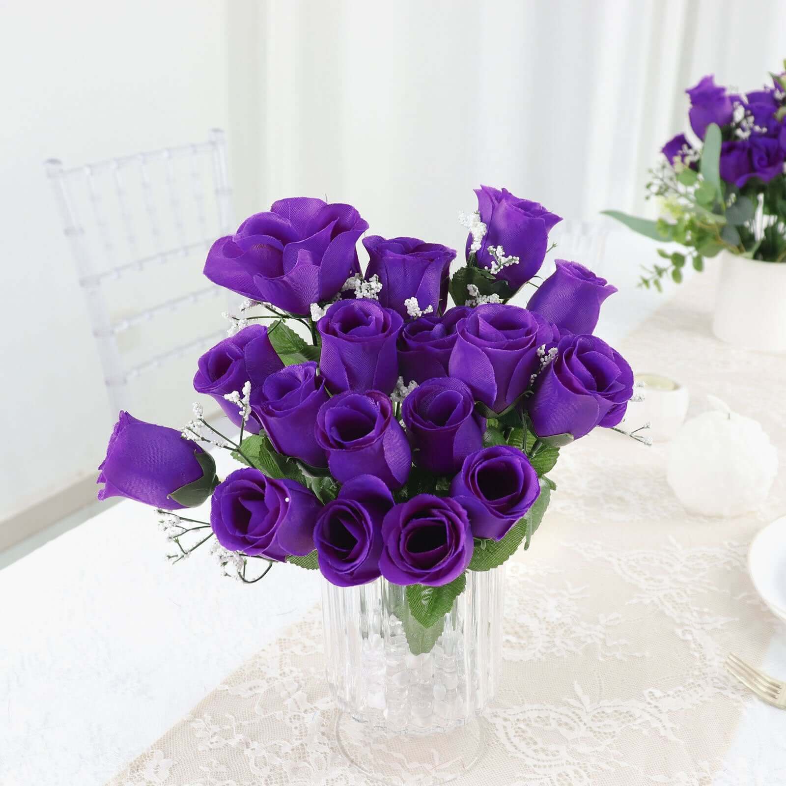 12 Bushes Purple Artificial Premium Silk Flower Rose Bud Bouquets - Image 9