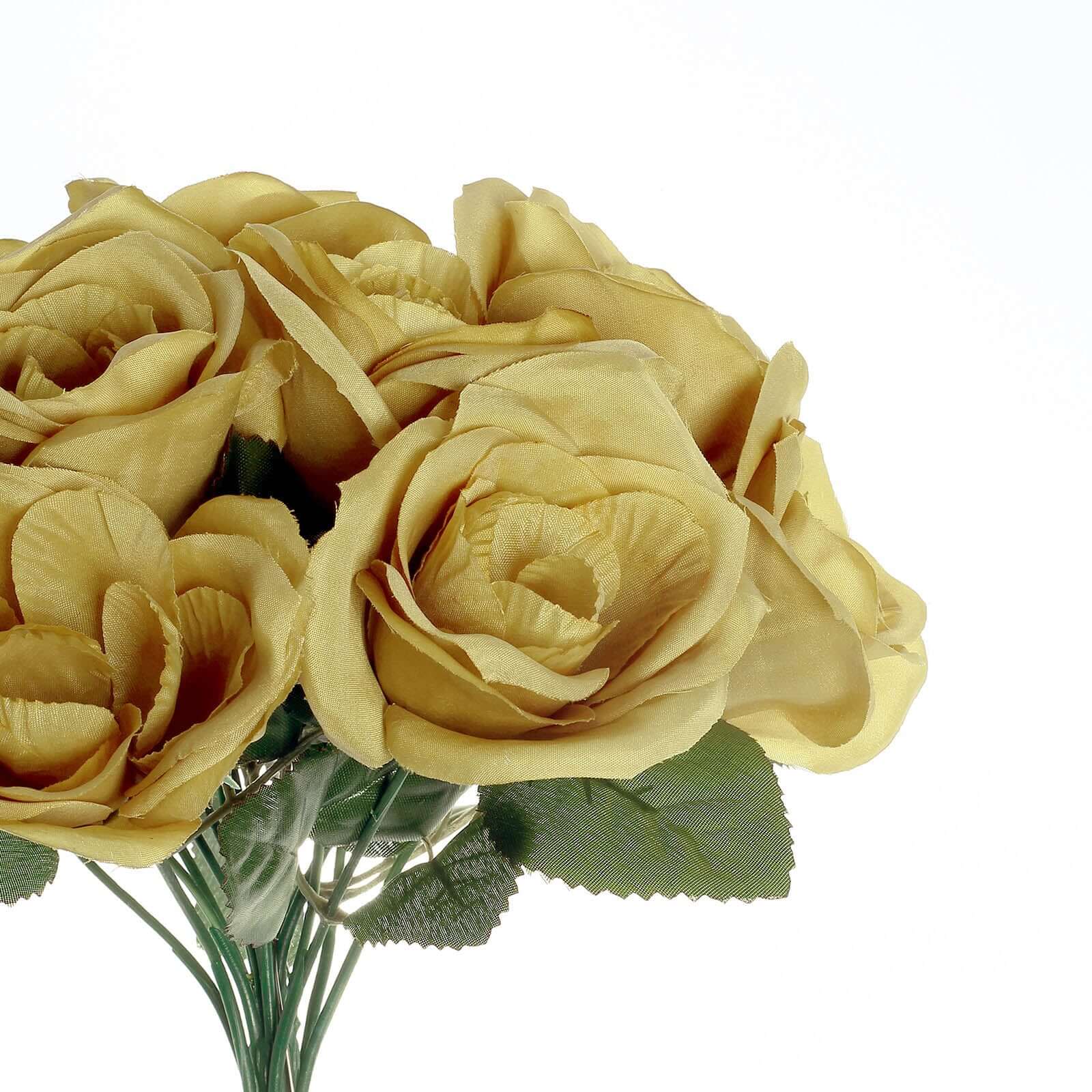 Gold Artificial Velvet-Like Fabric Rose Flower Bouquet Bush 12" - Image 13