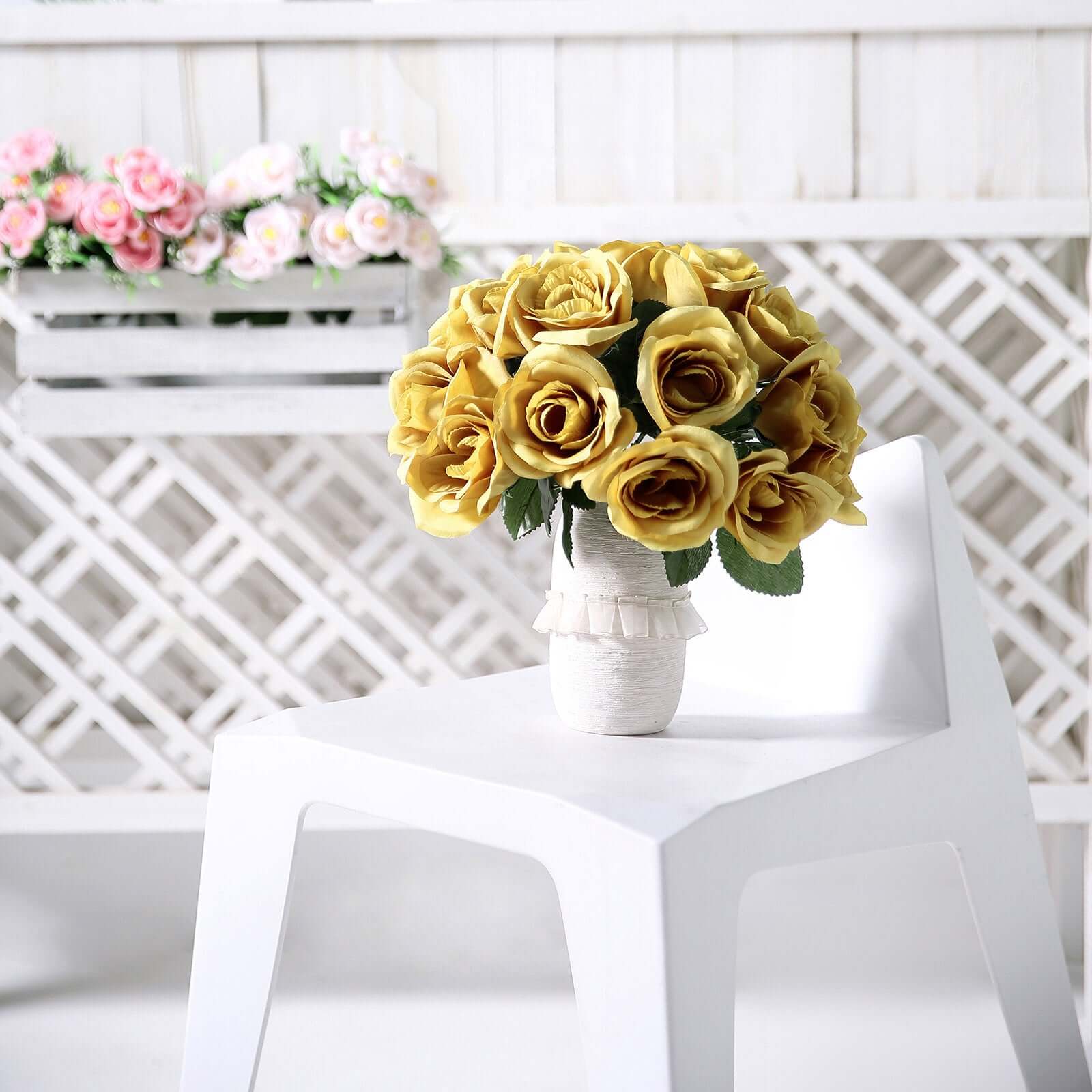 Gold Artificial Velvet-Like Fabric Rose Flower Bouquet Bush 12" - Image 2