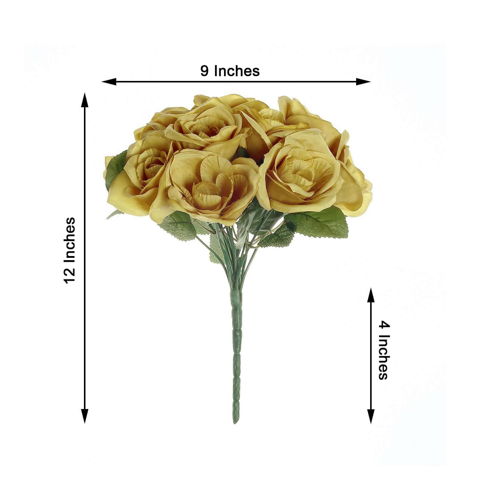 Gold Artificial Velvet-Like Fabric Rose Flower Bouquet Bush 12" - Image 3