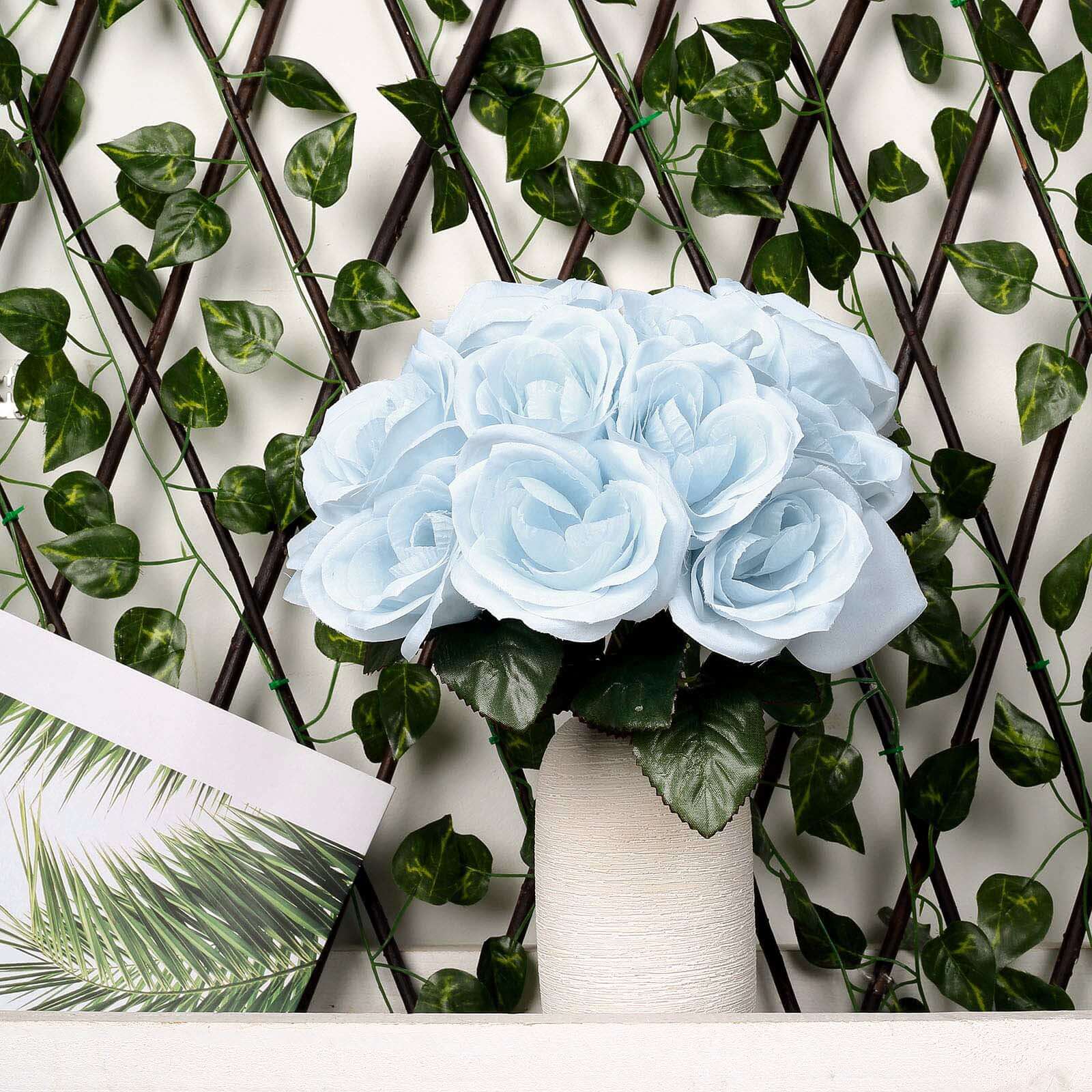 Light Blue Artificial Velvet-Like Fabric Rose Flower Bouquet Bush 12" - Image 12