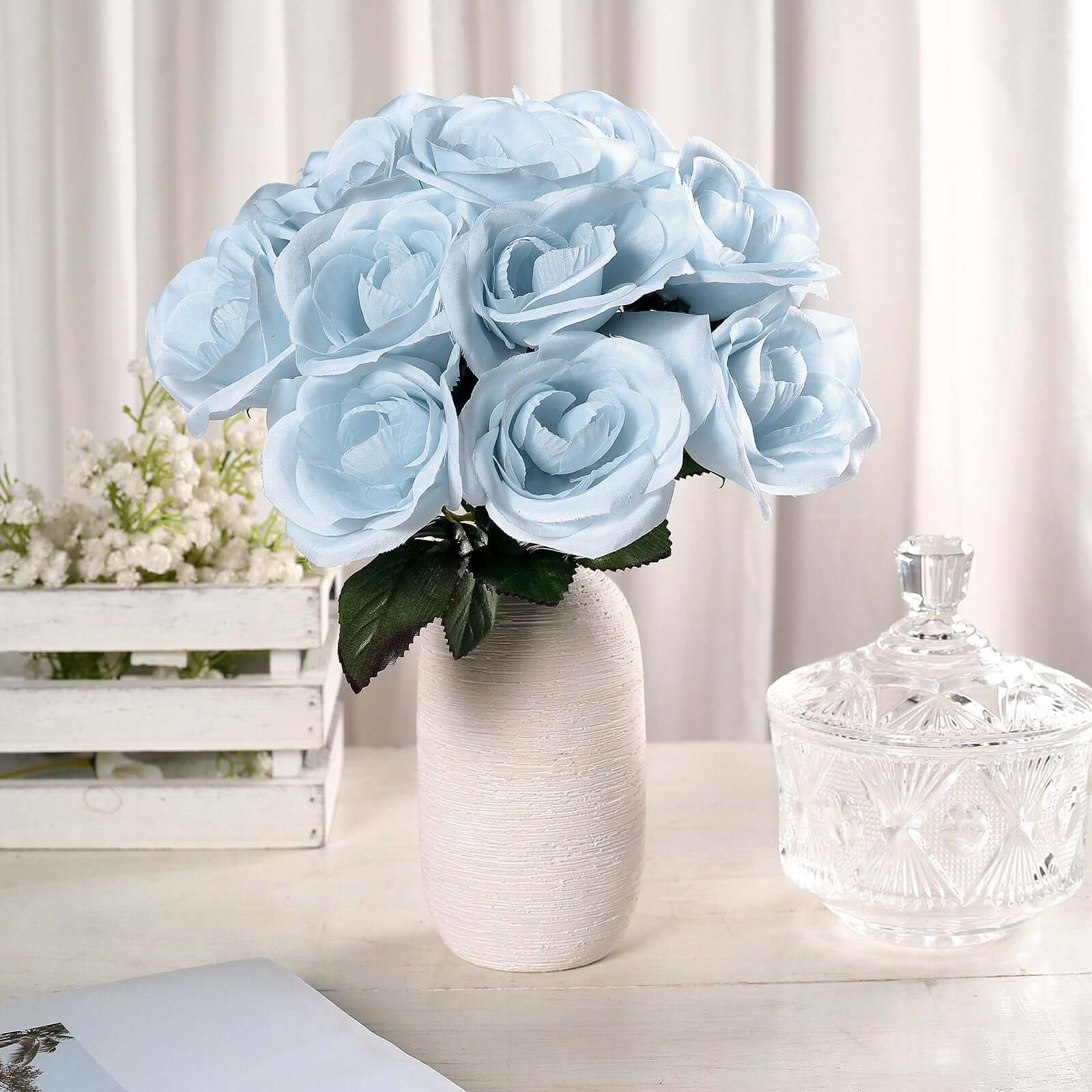 Light Blue Artificial Velvet-Like Fabric Rose Flower Bouquet Bush 12" - Image 2
