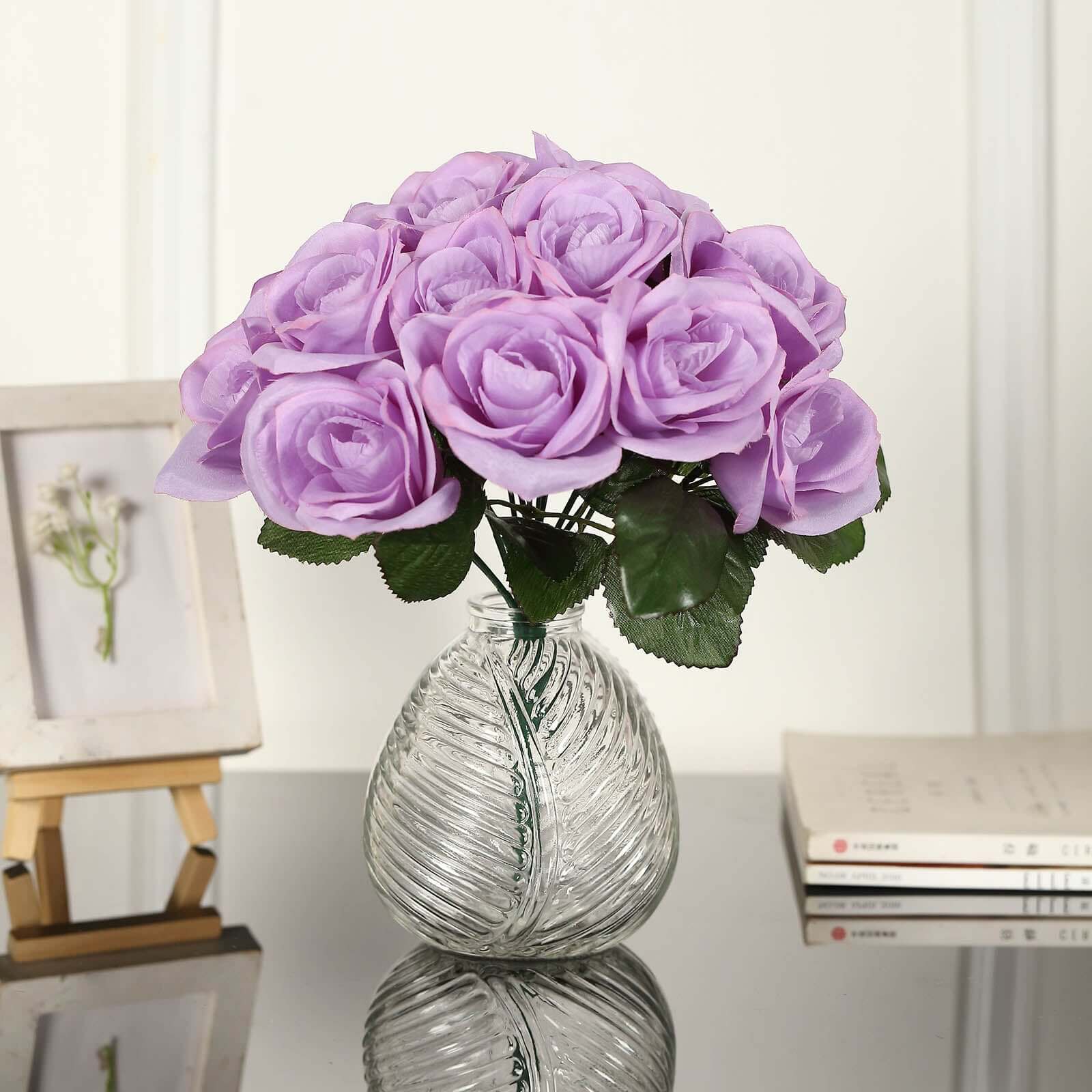 Lavender Lilac Artificial Velvet-Like Fabric Rose Flower Bouquet Bush 12" - Image 7
