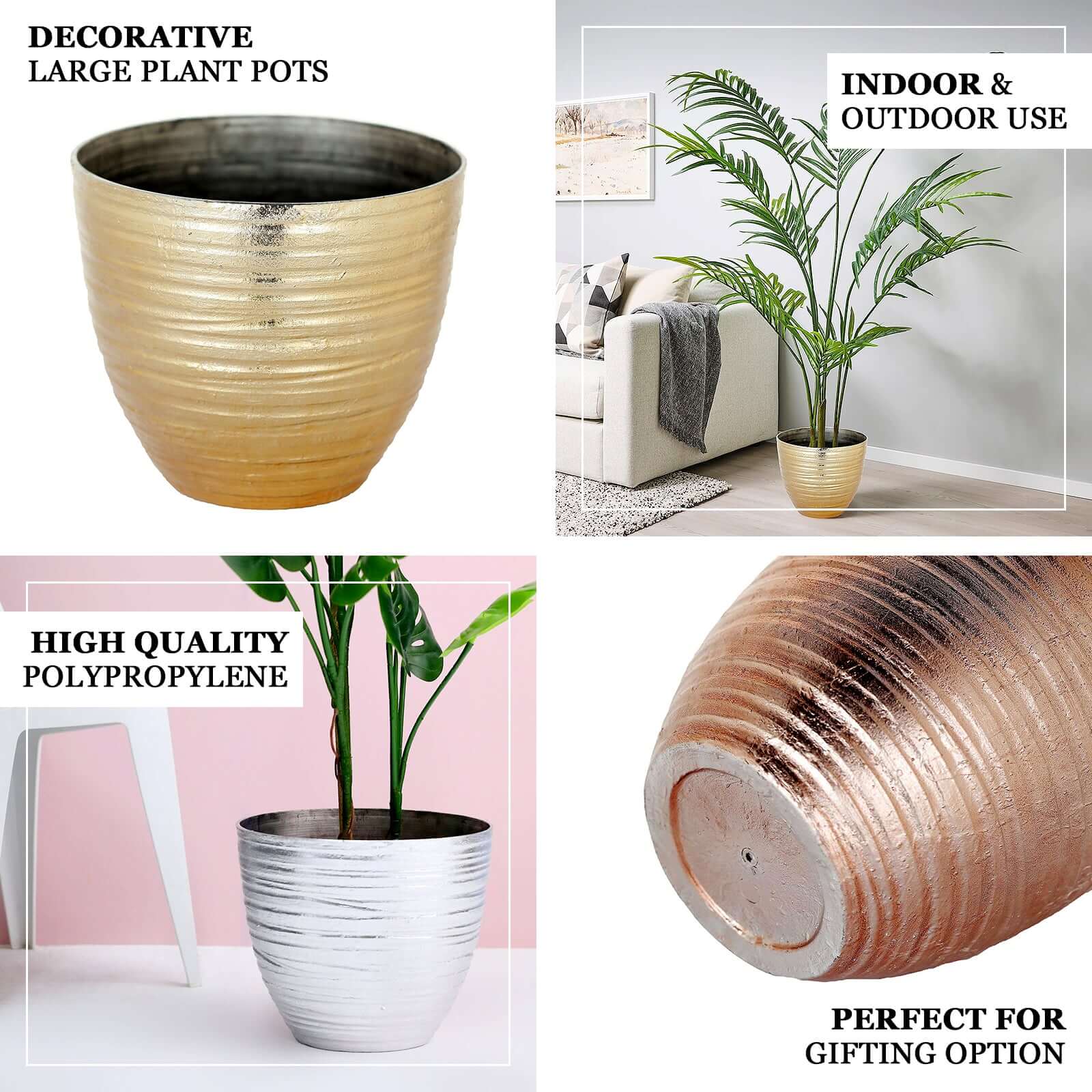 Metallic Gold Textured Finish Large Indoor Flower Plant Pot, Decorative Indoor/Outdoor Planter 12" - Image 4