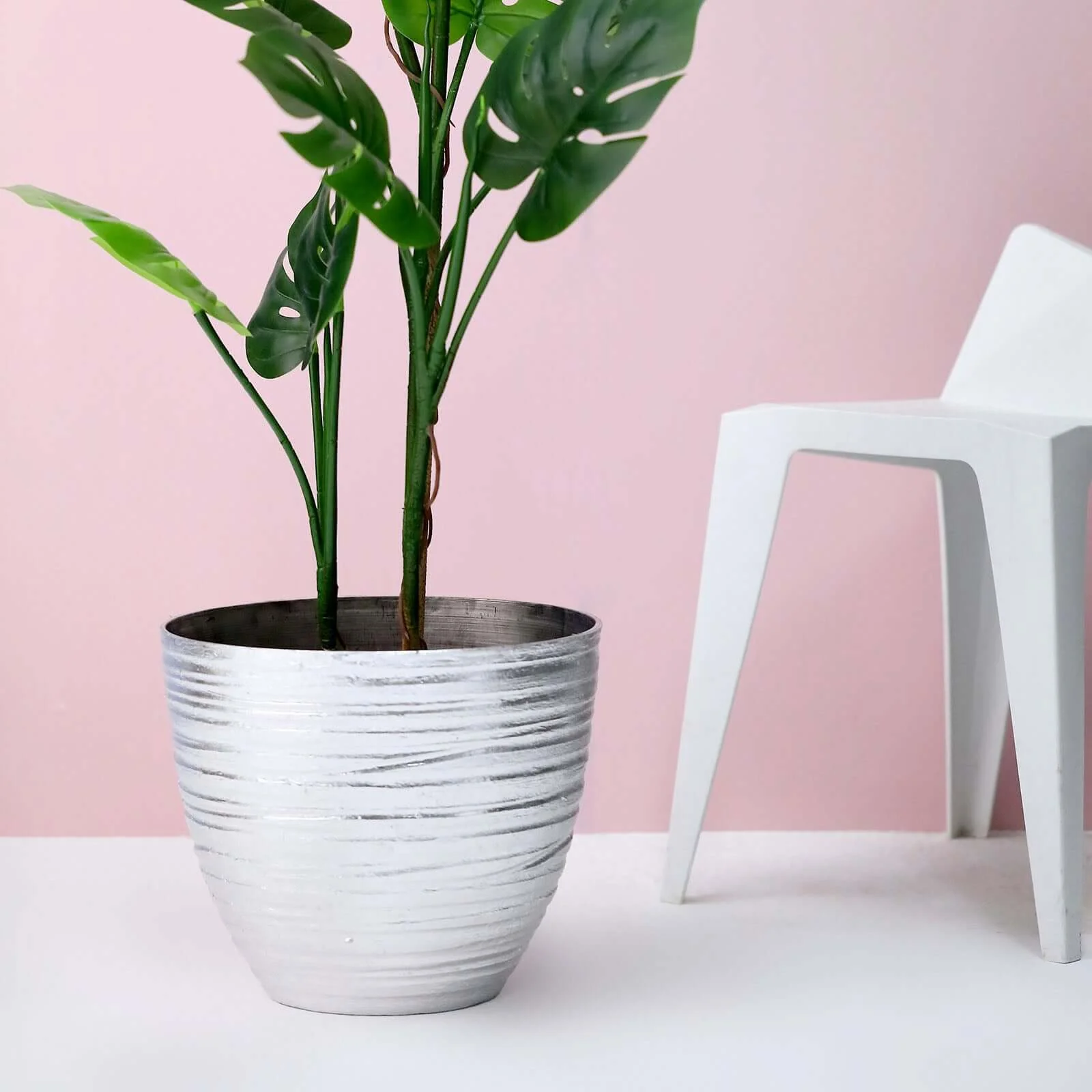 Metallic Silver Textured Finish Large Indoor Flower Plant Pot, Decorative Indoor/Outdoor Planter 12" - Image 10