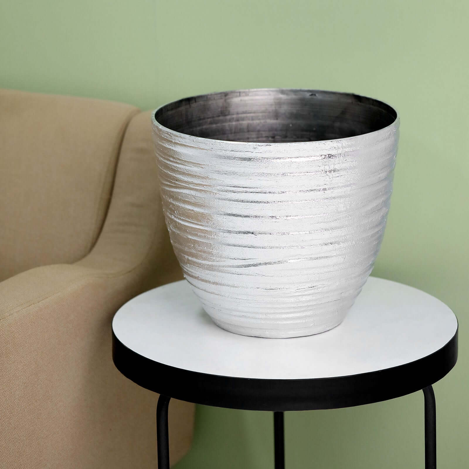 Metallic Silver Textured Finish Large Indoor Flower Plant Pot, Decorative Indoor/Outdoor Planter 12" - Image 11