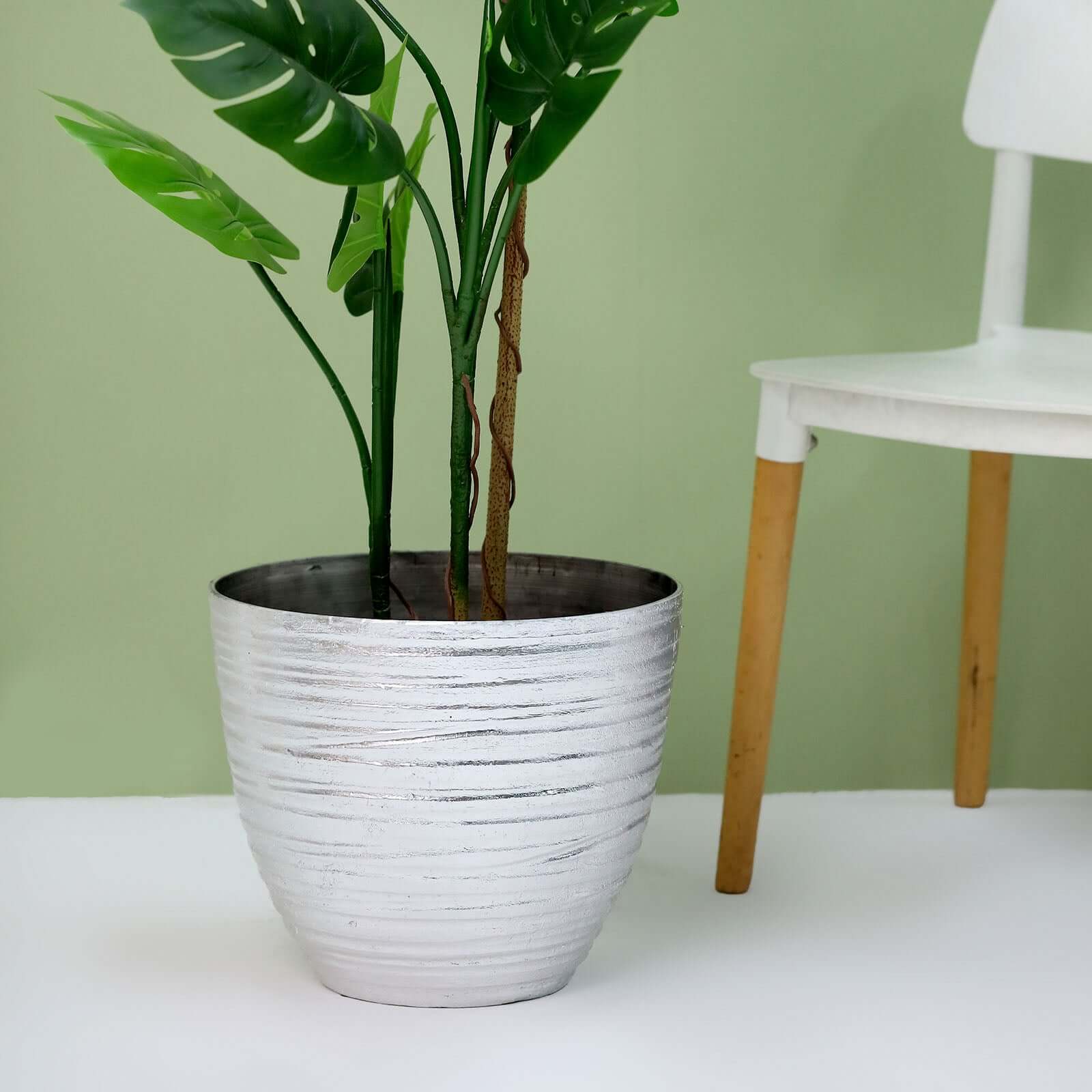 Metallic Silver Textured Finish Large Indoor Flower Plant Pot, Decorative Indoor/Outdoor Planter 12" - Image 13