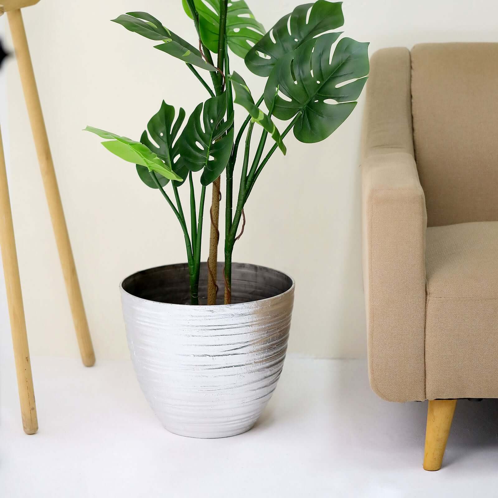 Metallic Silver Textured Finish Large Indoor Flower Plant Pot, Decorative Indoor/Outdoor Planter 12" - Image 8