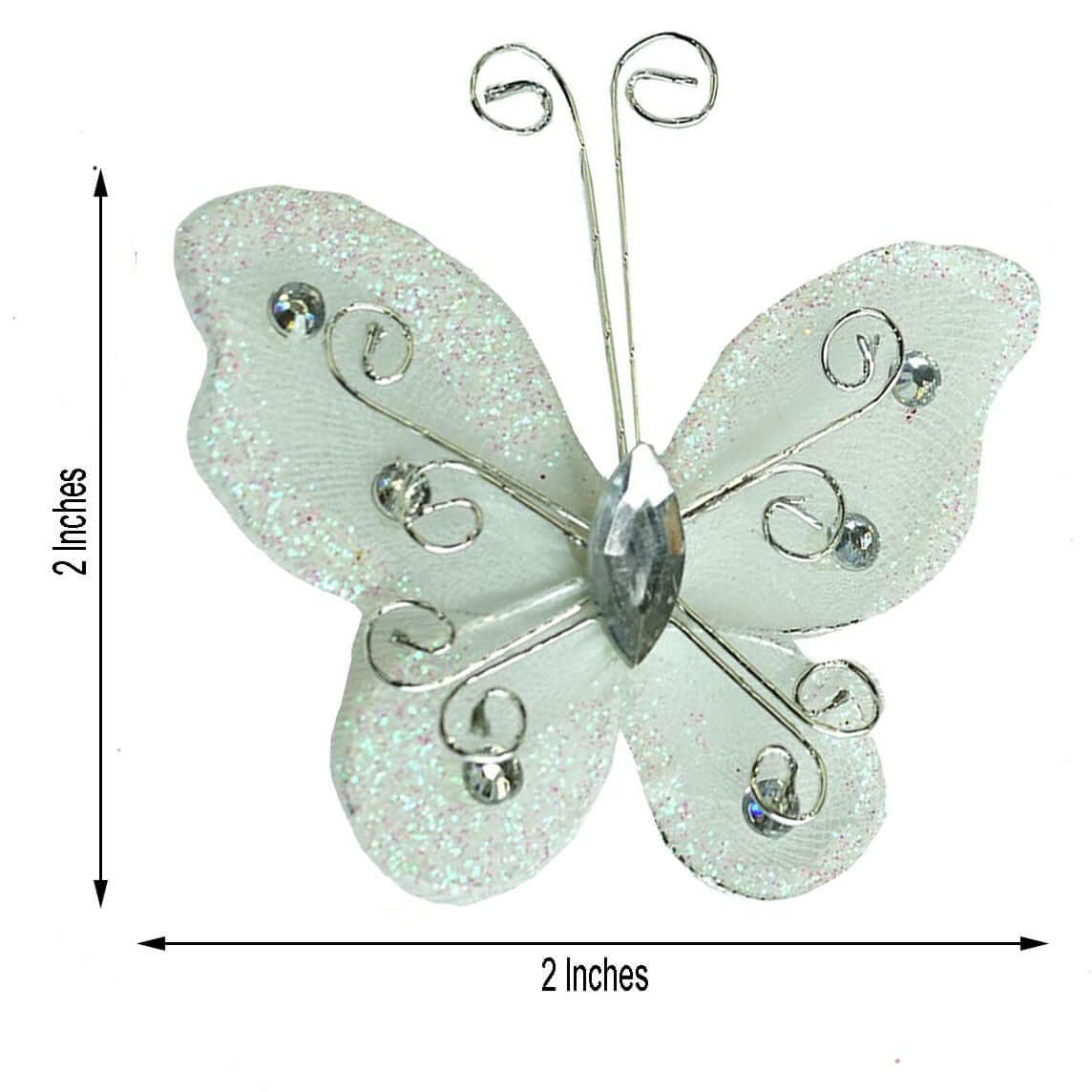 12 Pack White Diamond Studded Wired Organza Butterflies 2" - Image 3