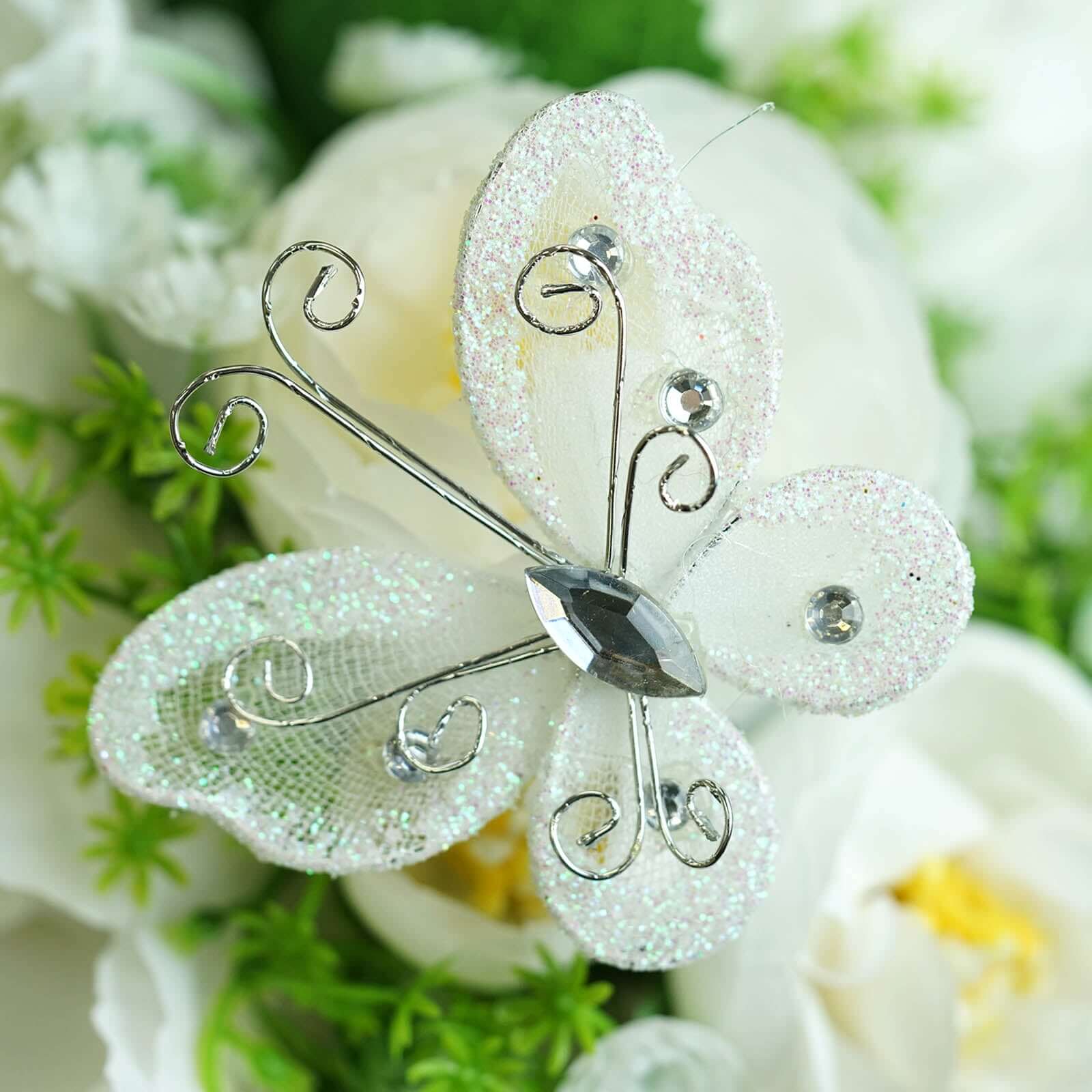12 Pack White Diamond Studded Wired Organza Butterflies 2" - Image 6