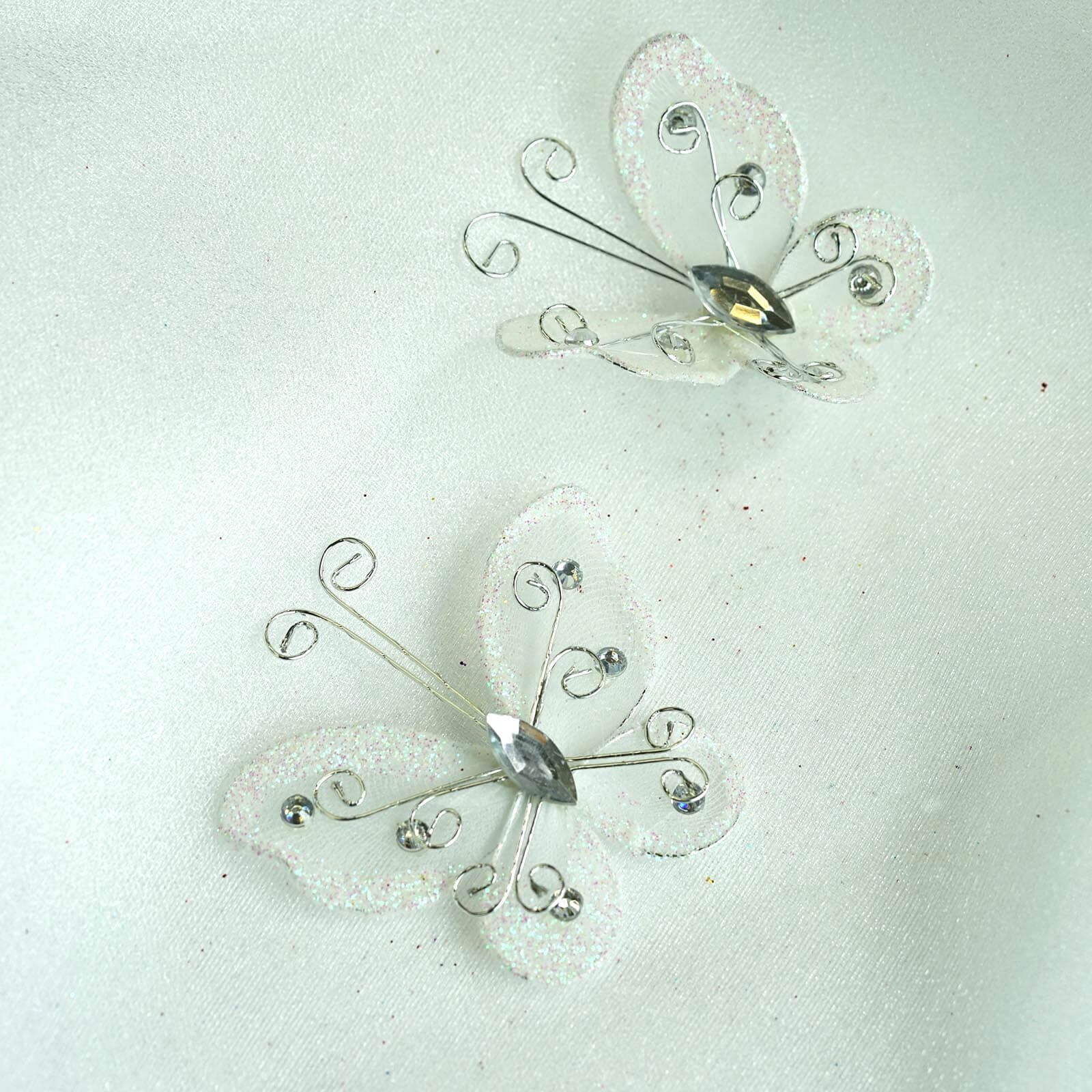 12 Pack White Diamond Studded Wired Organza Butterflies 2" - Image 8