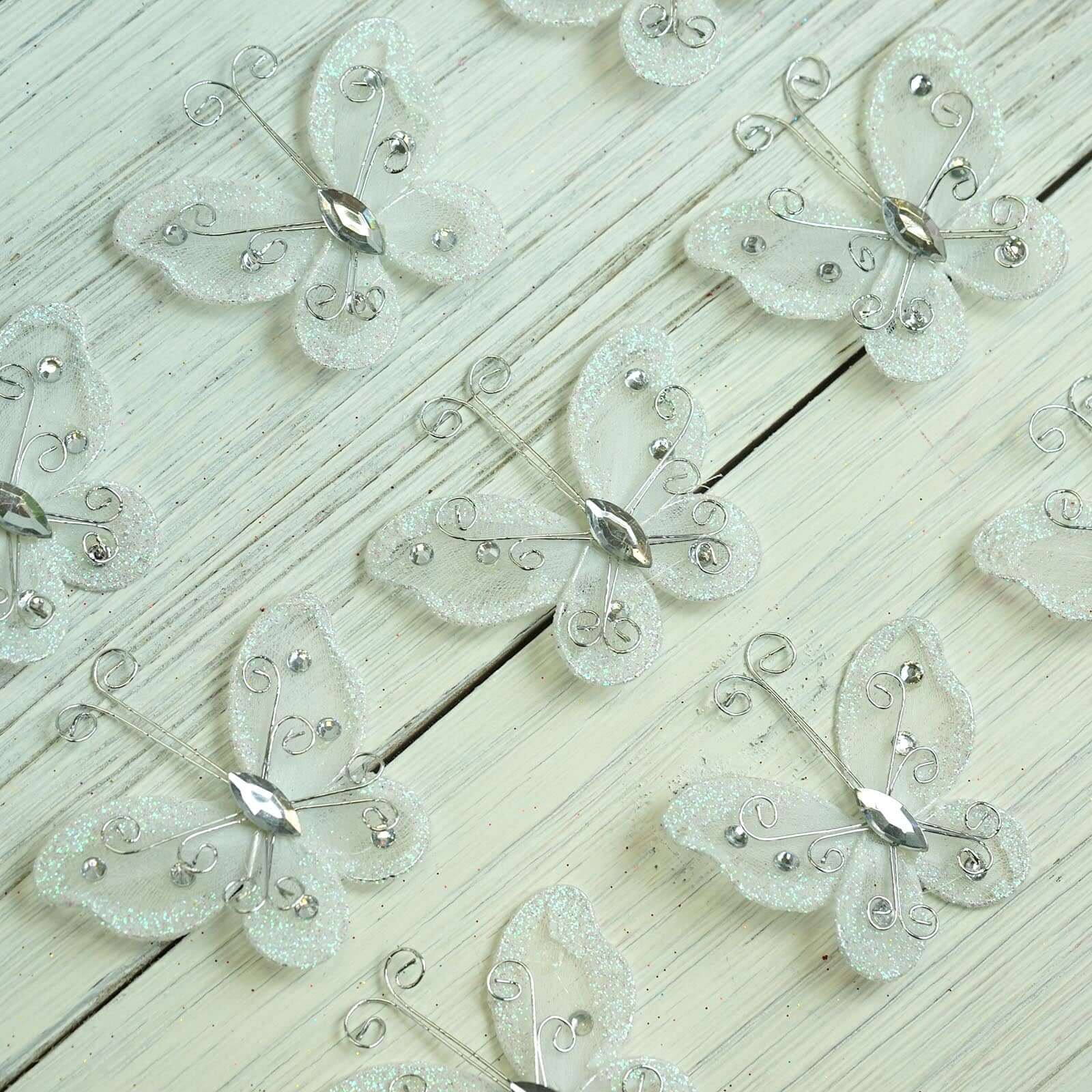 12 Pack White Diamond Studded Wired Organza Butterflies 2" - Image 9