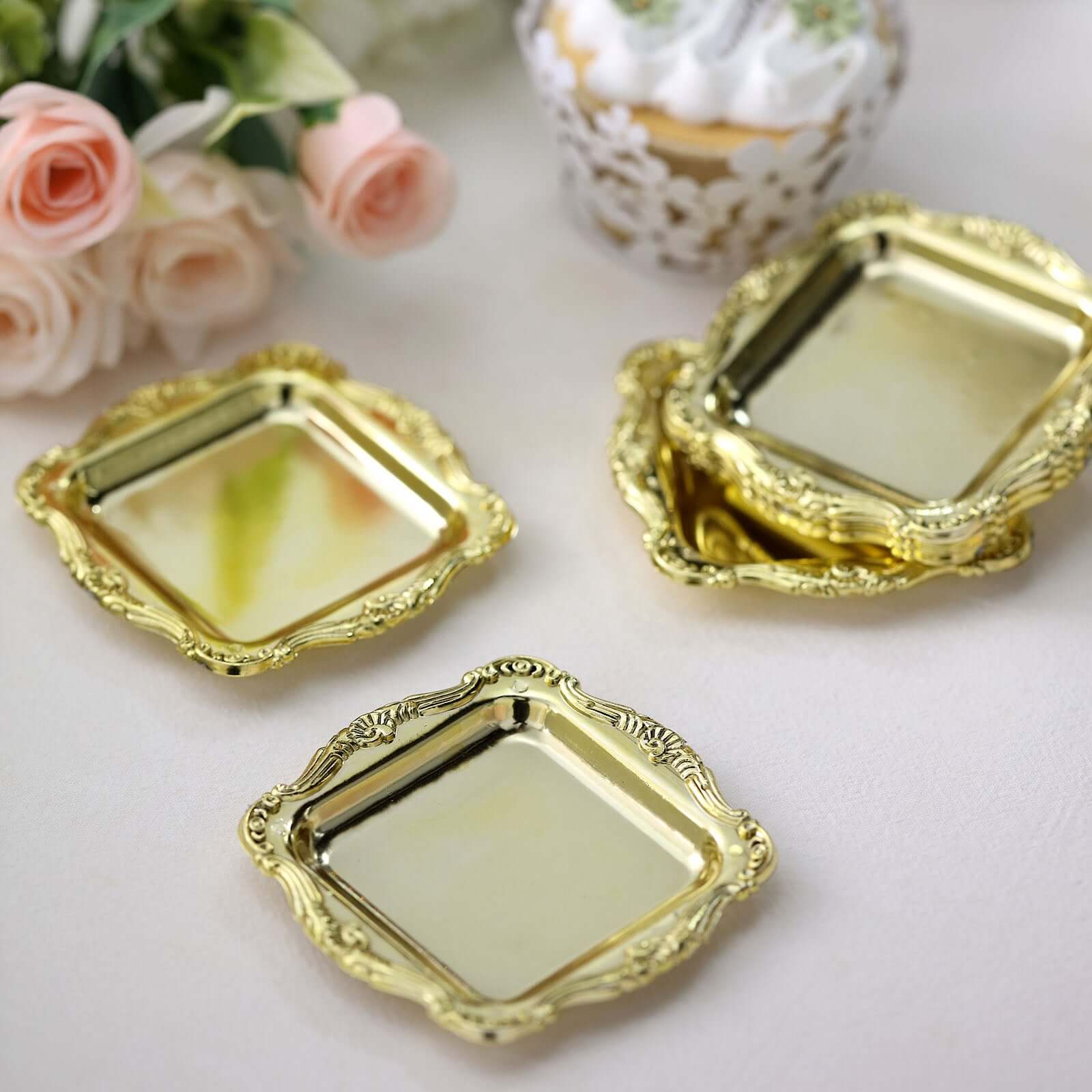 12 Pack Gold Baroque Mini Square Party Favor Candy Display Tray, Sweets and Treats Serving Platter 3" - Image 5