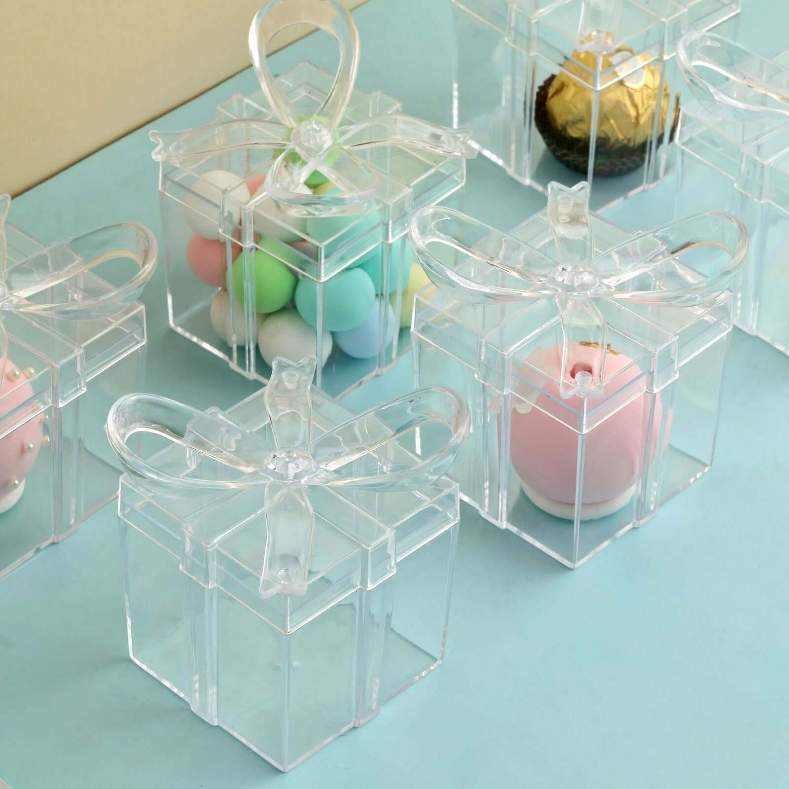 12 Pack Clear Bow Top Plastic Candy Container Gift Boxes, Transparent Party Favor Boxes 3" Square - Image 2