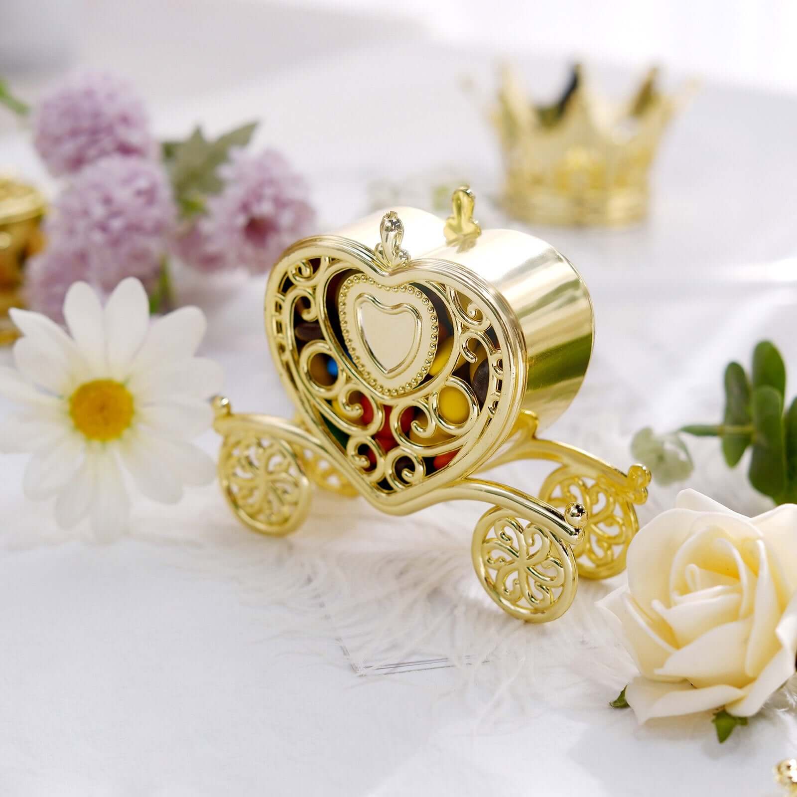 12 Pack Gold Princess Heart Carriage Candy Container Gift Boxes, Treats Party Favor Boxes 4" - Image 2