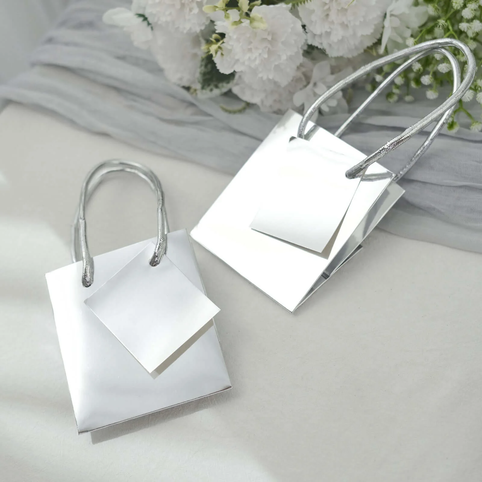 12 Pack Shiny Metallic Silver Foil Paper Gift Bags With Handles, Small Party Favor Goodie Bags 5" - Image 2