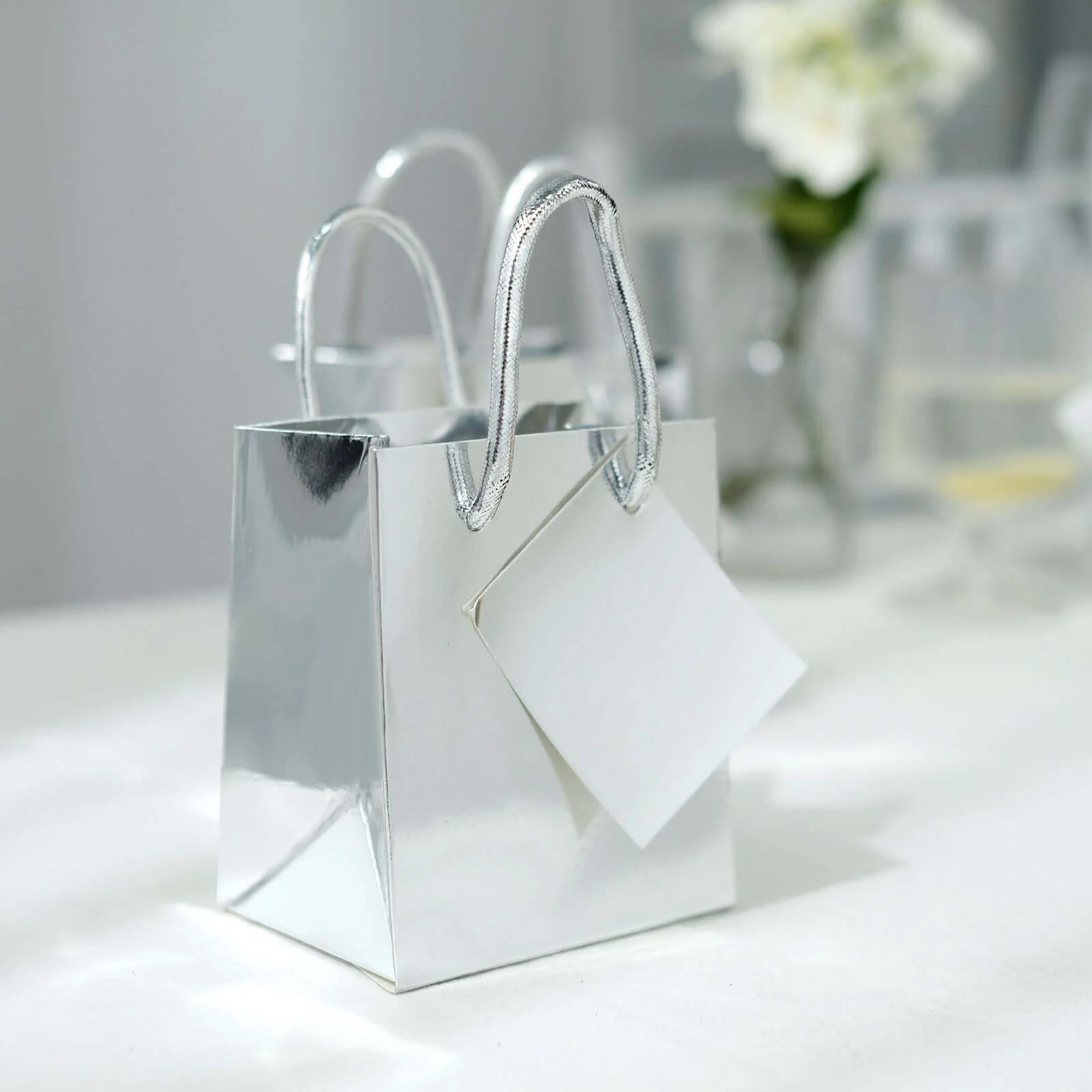 12 Pack Shiny Metallic Silver Foil Paper Gift Bags With Handles, Small Party Favor Goodie Bags 5" - Image 5