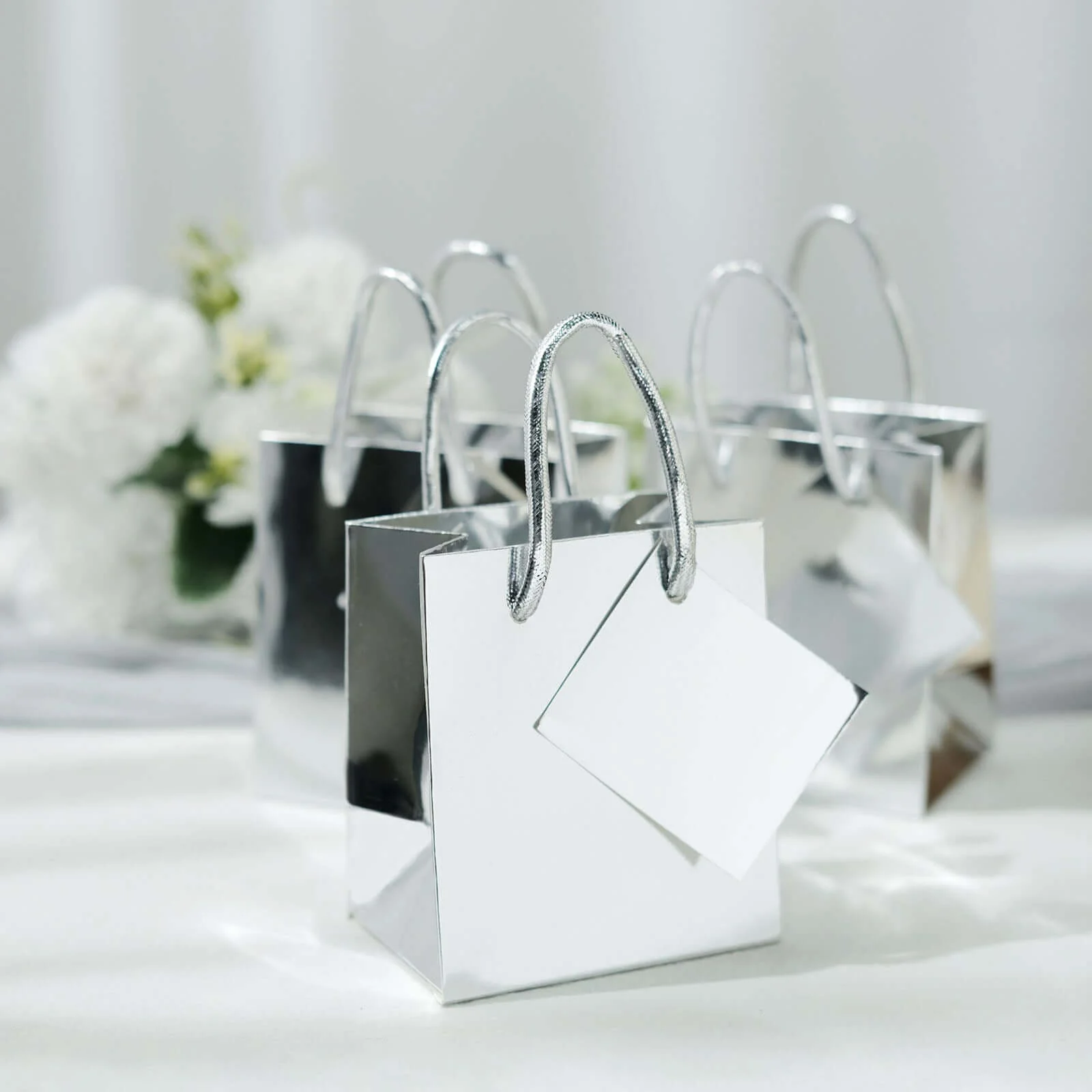 12 Pack Shiny Metallic Silver Foil Paper Gift Bags With Handles, Small Party Favor Goodie Bags 5" - Image 6