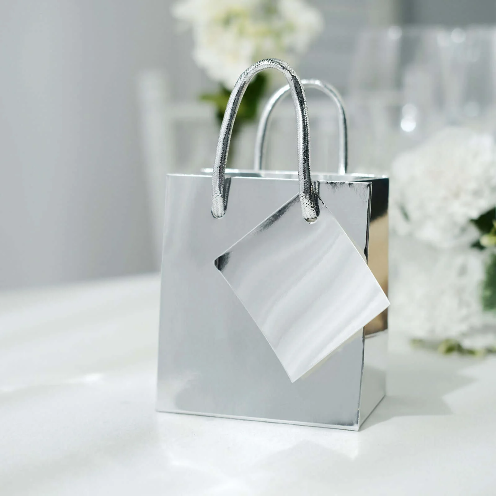 12 Pack Shiny Metallic Silver Foil Paper Gift Bags With Handles, Small Party Favor Goodie Bags 5" - Image 9