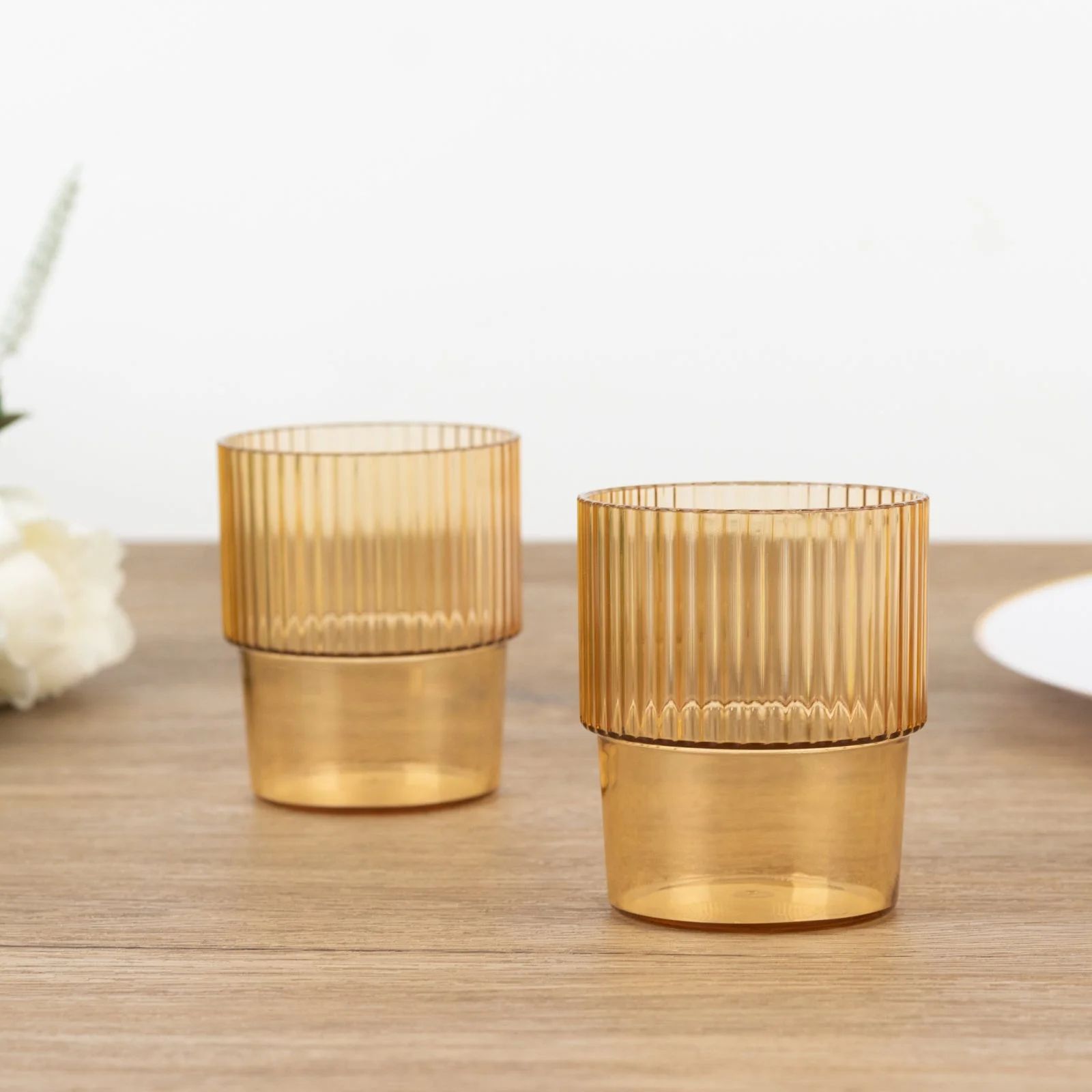 12-Pack Amber Gold Plastic Tumblers 7oz, Stackable Ribbed Pattern - Shatterproof Short Drinking Glasses - Image 5