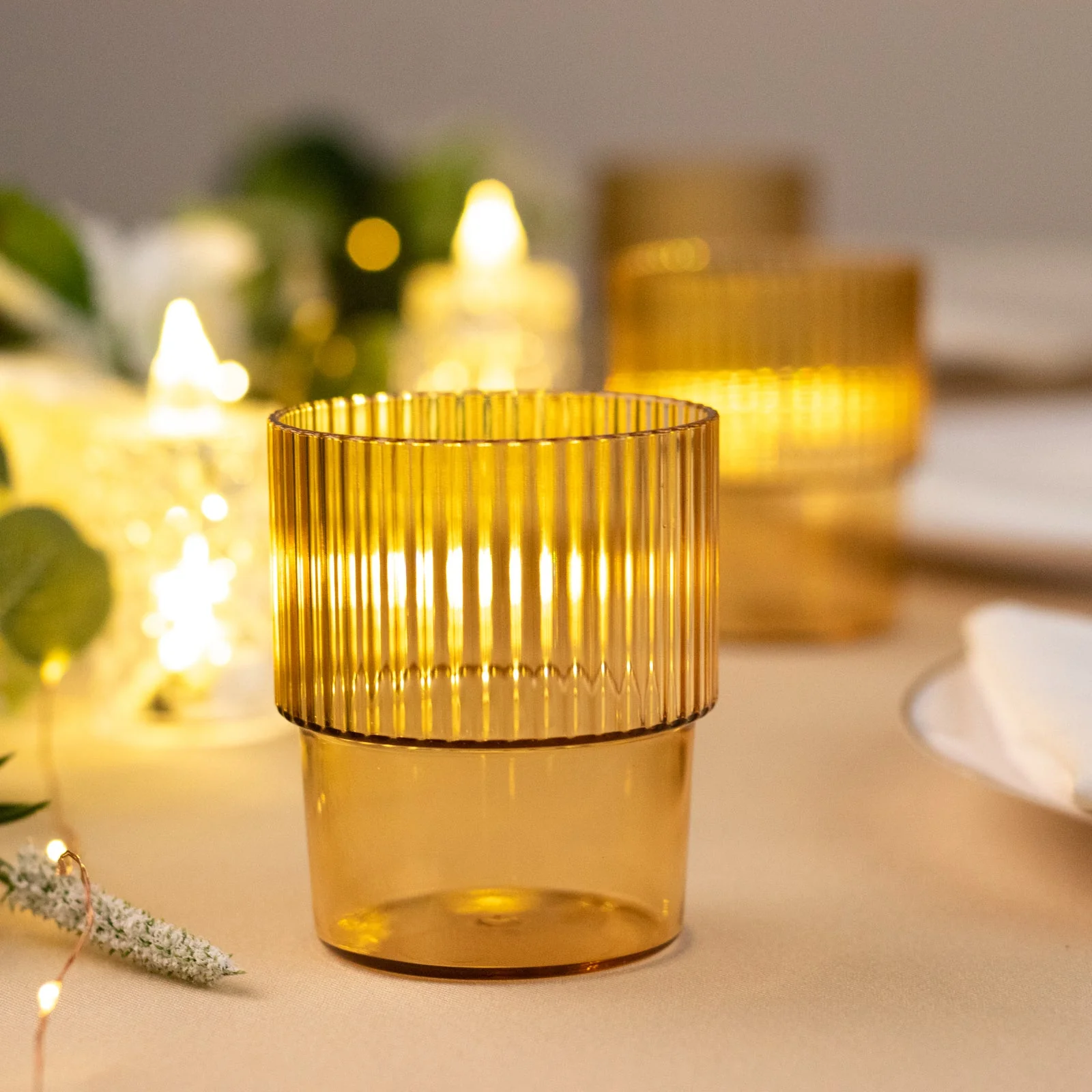 12-Pack Amber Gold Plastic Tumblers 7oz, Stackable Ribbed Pattern - Shatterproof Short Drinking Glasses - Image 7