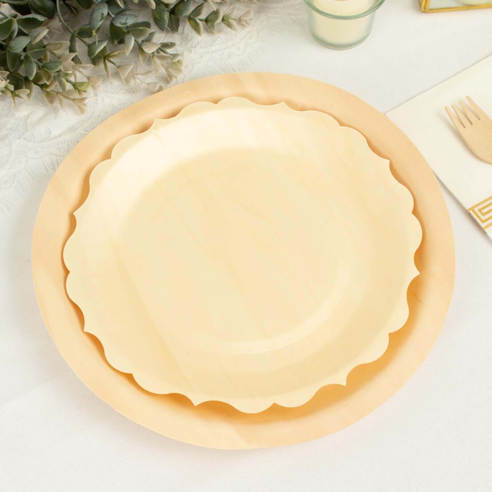 12-Pack Birchwood Round Dinner Plates 9" Natural with Scalloped Rim - Eco Friendly Wooden Disposable Plates for Rustic Themes & Outdoor Dining