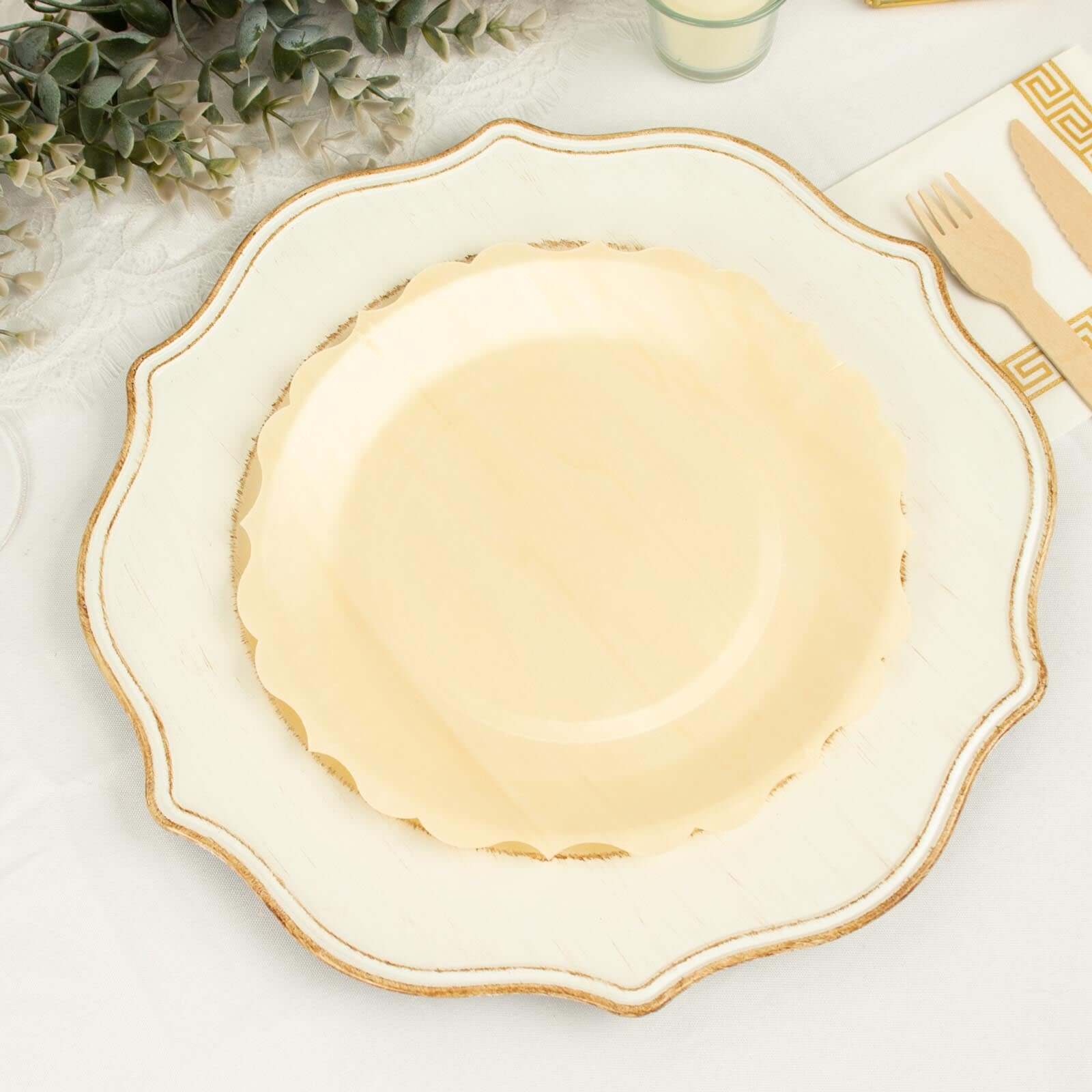 12-Pack Birchwood Round Dinner Plates 9" Natural with Scalloped Rim - Eco Friendly Wooden Disposable Plates for Rustic Themes & Outdoor Dining - Image 2