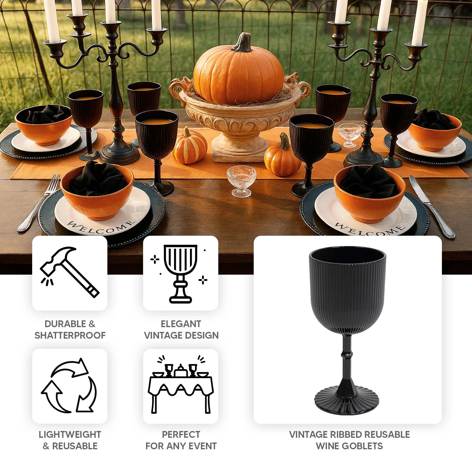 12-Pack Black Plastic Wine Glasses 9oz, Vintage Ribbed Pattern - Reusable Shatterproof Goblets - Image 4