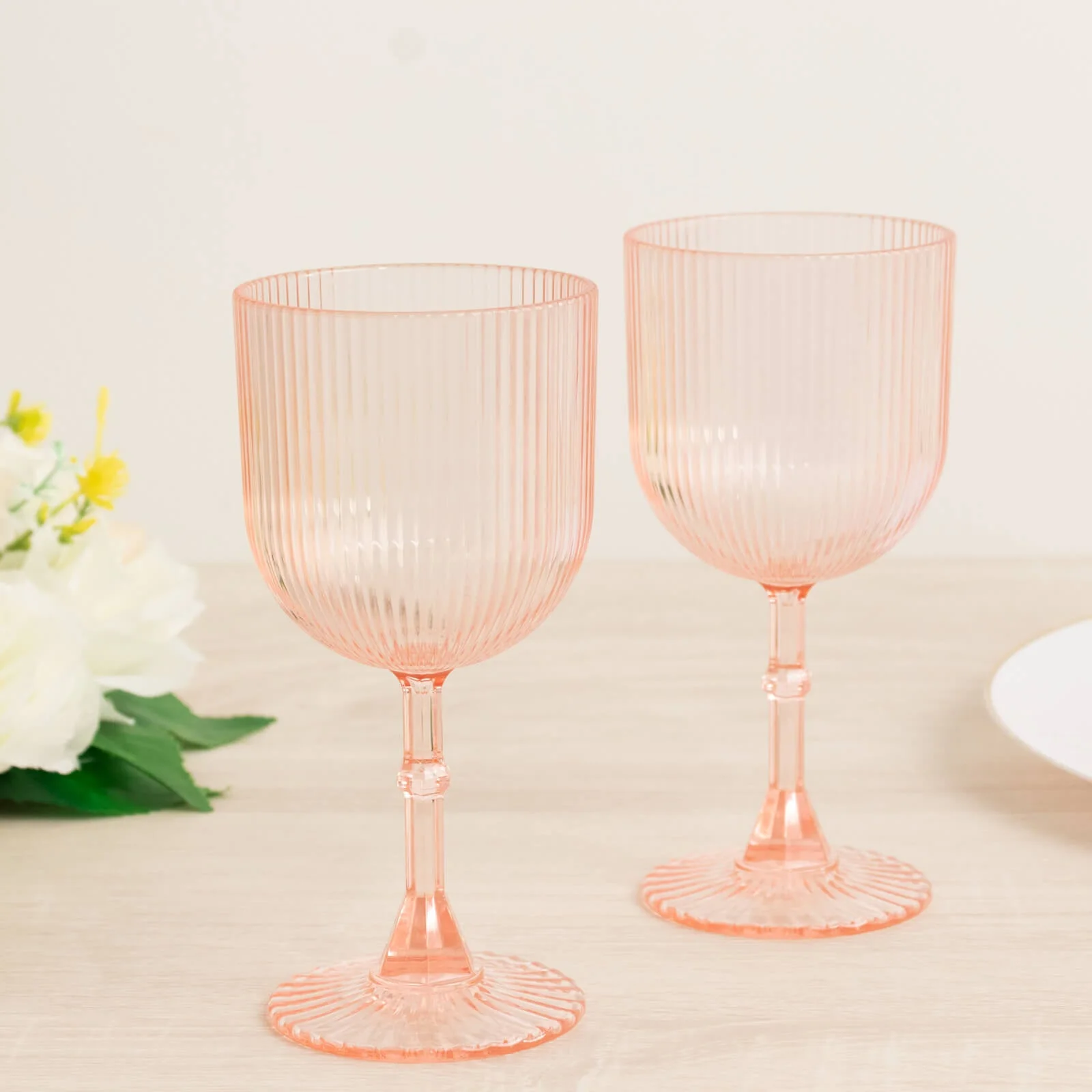 12-Pack Transparent Blush Plastic Wine Glasses 9oz, Vintage Ribbed Pattern - Reusable Shatterproof Goblets