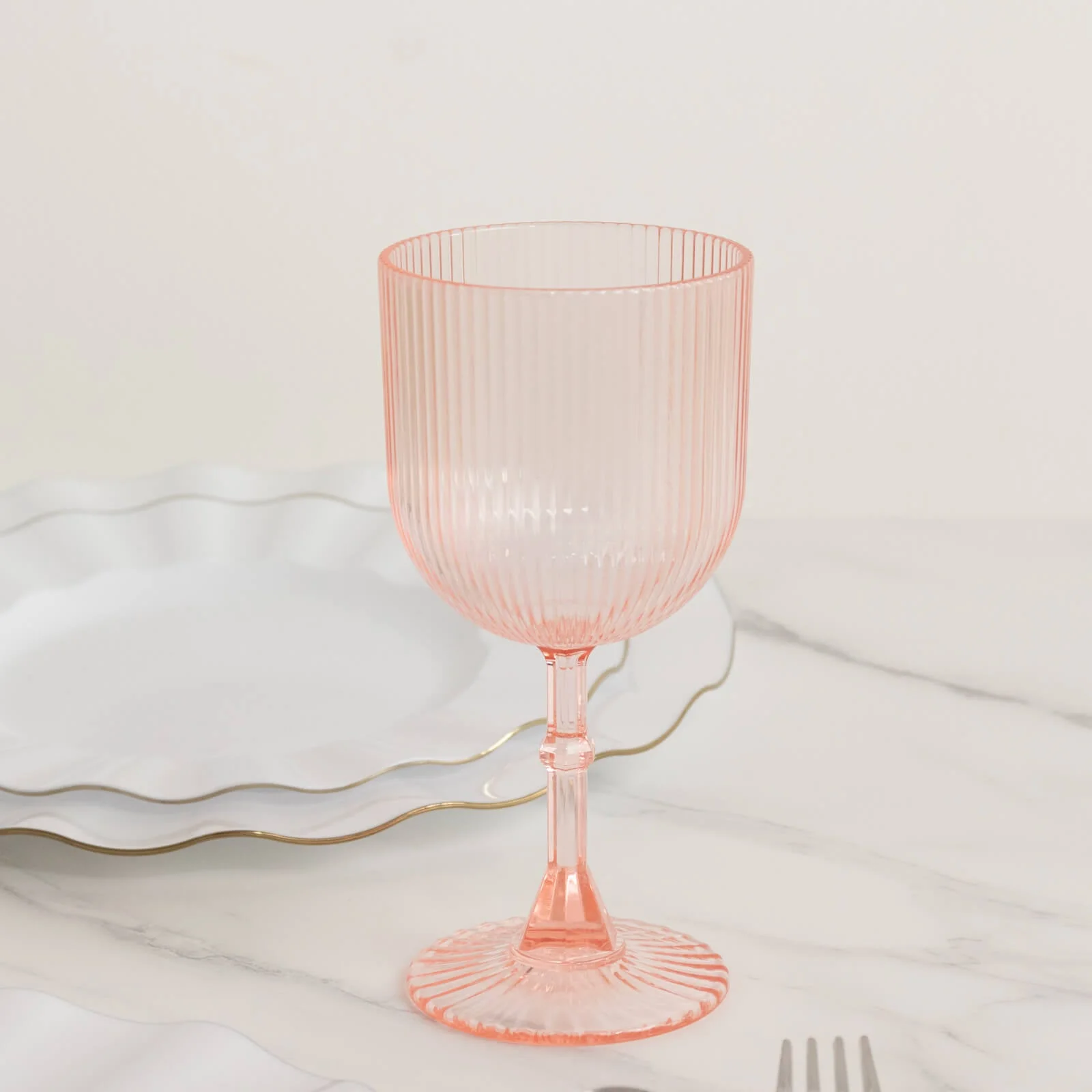 12-Pack Transparent Blush Plastic Wine Glasses 9oz, Vintage Ribbed Pattern - Reusable Shatterproof Goblets - Image 2