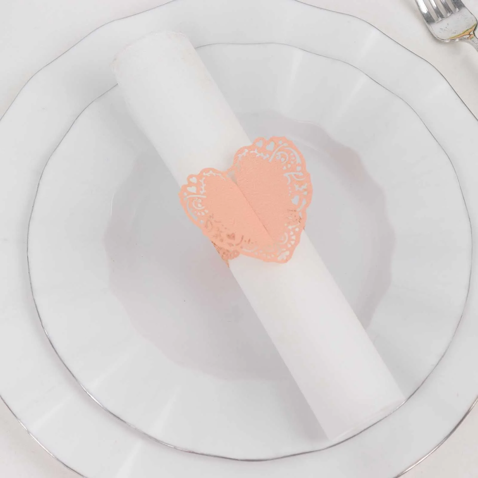 12 Pack Blush Shimmery Laser Cut Heart Paper Napkin Rings with Lace Pattern, Disposable Napkin Holders Bands - Image 11