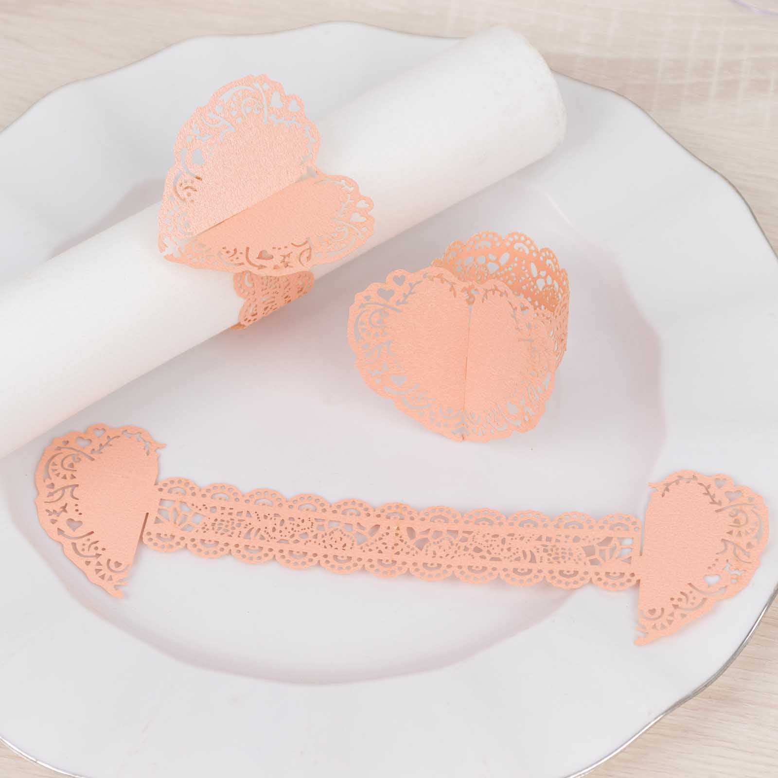 12 Pack Blush Shimmery Laser Cut Heart Paper Napkin Rings with Lace Pattern, Disposable Napkin Holders Bands - Image 6