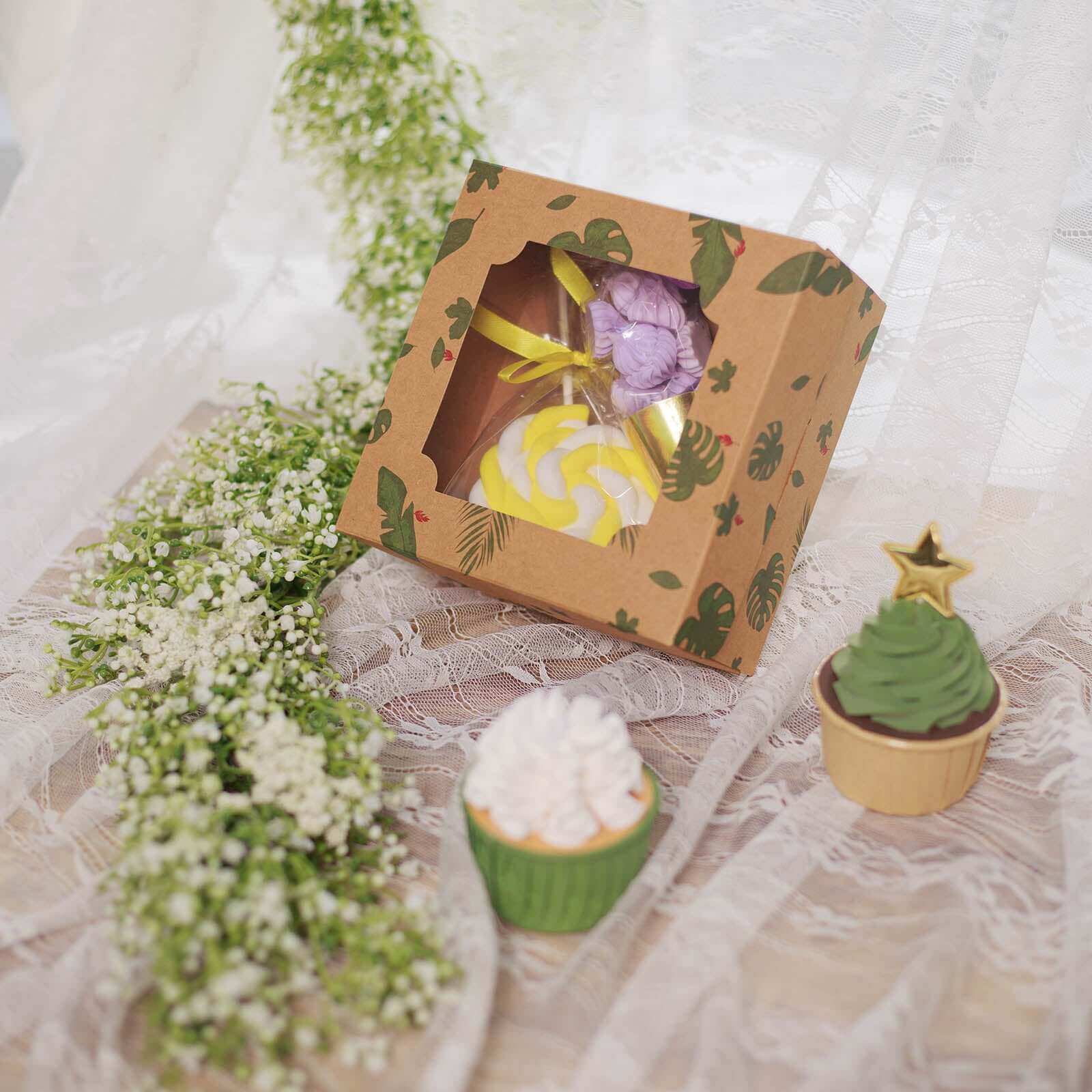 12-Pack Cardstock Cookie Boxes with Window 6"x6"x3" Tropical Leaf Design - Sturdy Treat Bakery Boxes for Pie Cupcakes Strawberries & Pastries - Image 10