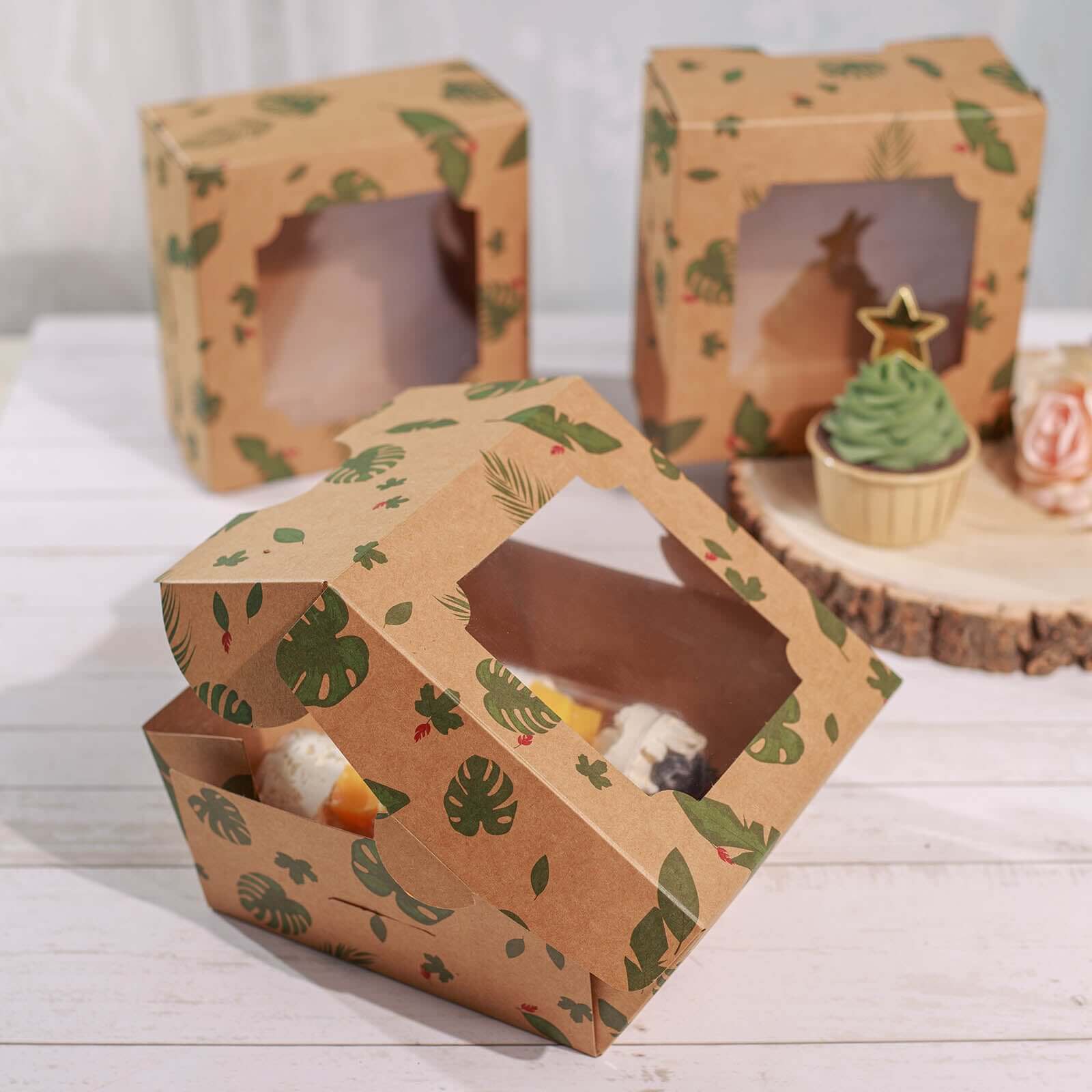 12-Pack Cardstock Cookie Boxes with Window 6"x6"x3" Tropical Leaf Design - Sturdy Treat Bakery Boxes for Pie Cupcakes Strawberries & Pastries - Image 11