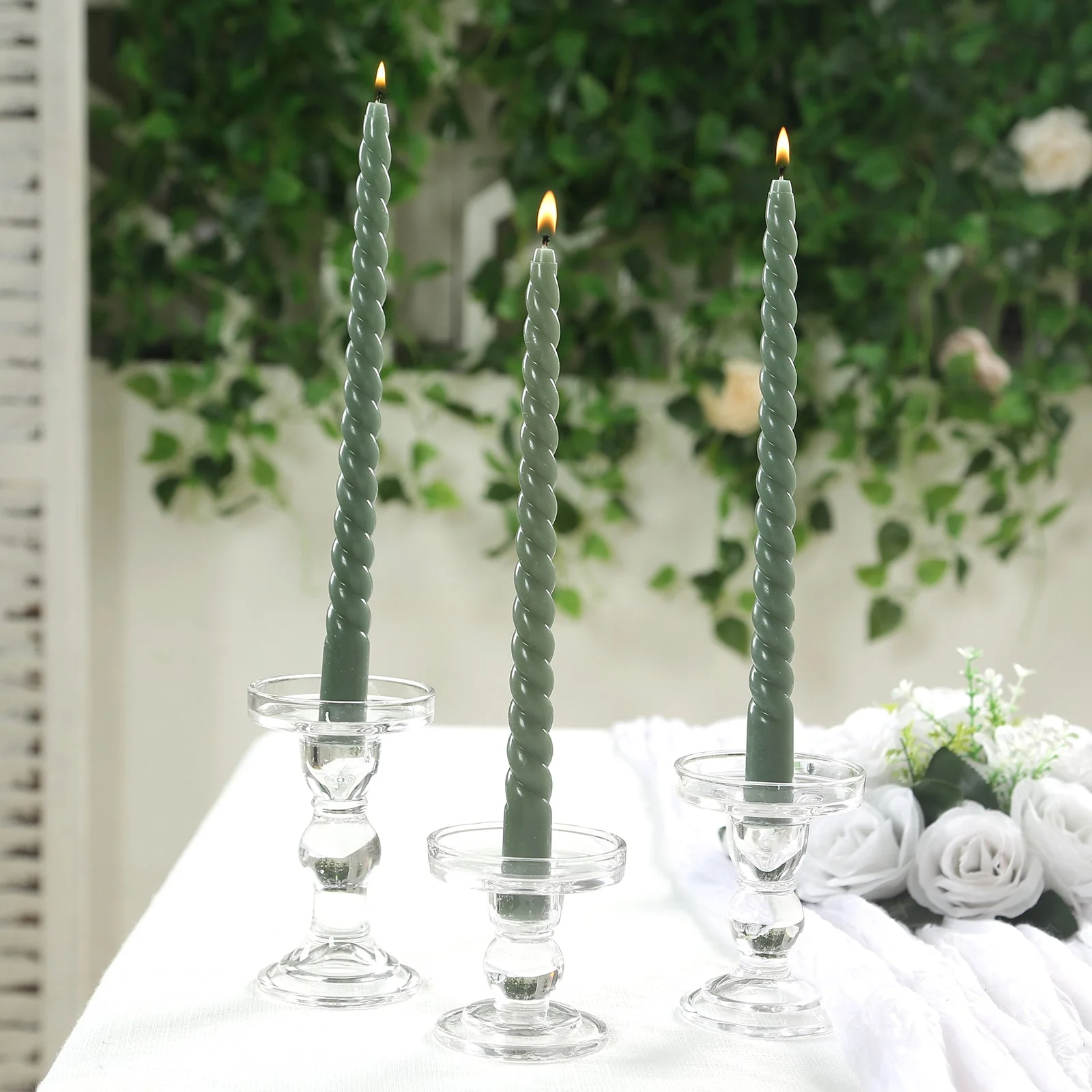 12 Pack Dusty Sage Green Premium Spiral Long Burn Wick Taper Candles, Tall Unscented Wax Dinner Candle Sticks 11" - Image 2