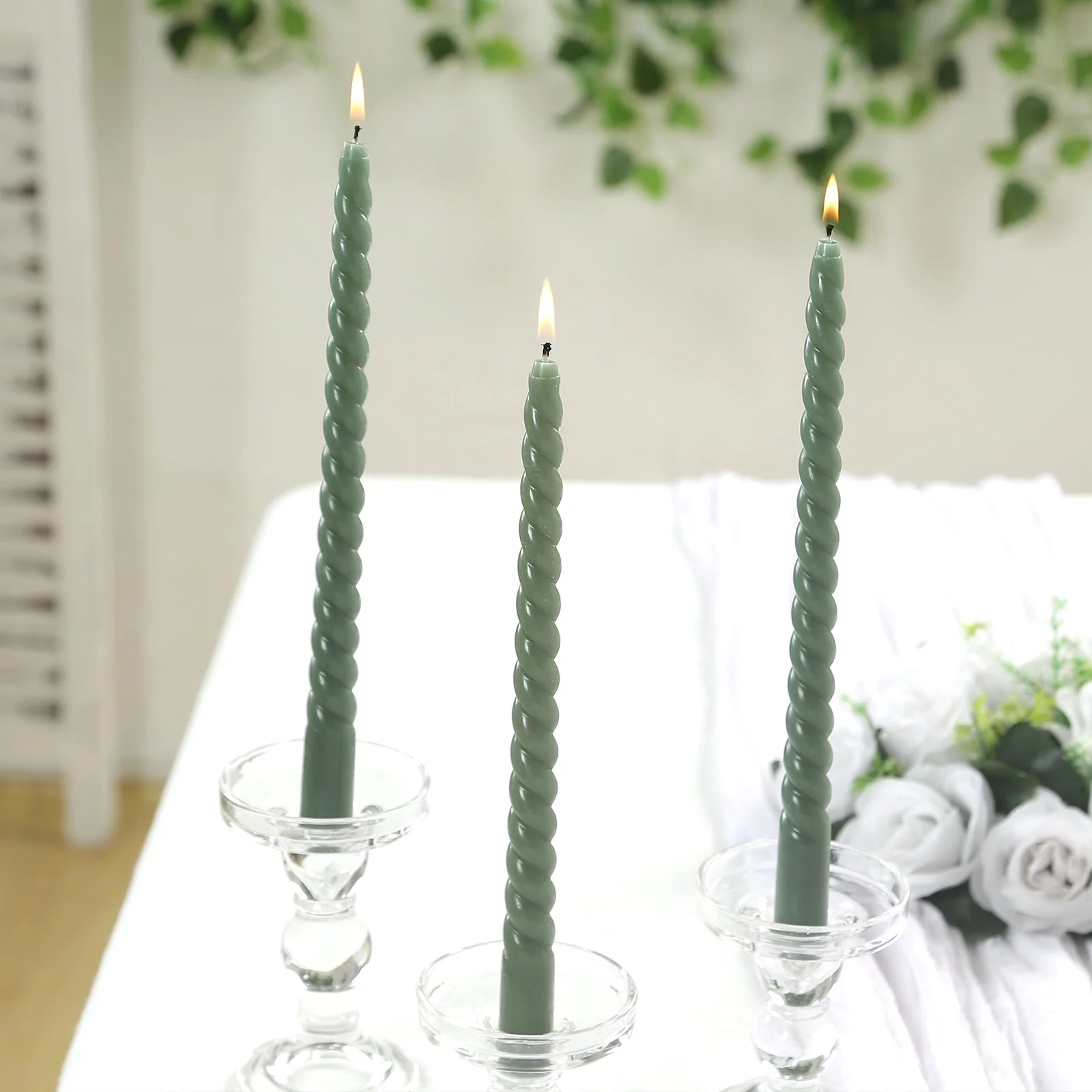 12 Pack Dusty Sage Green Premium Spiral Long Burn Wick Taper Candles, Tall Unscented Wax Dinner Candle Sticks 11" - Image 7